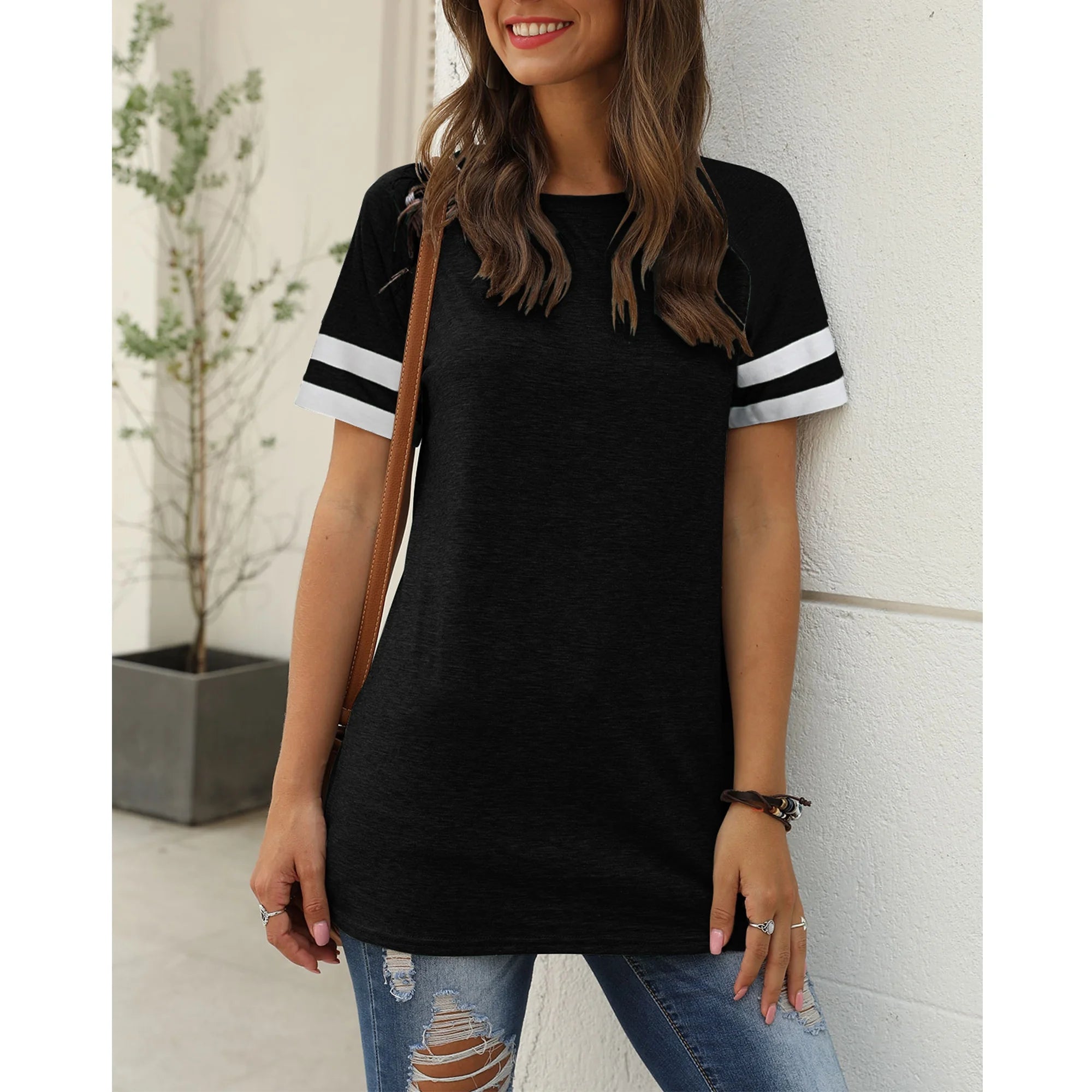 Color Block T Shirt for Womens Short Sleeve Top Casual Tunic Tops Crew Neck Striped Shirts Black Tee 2025