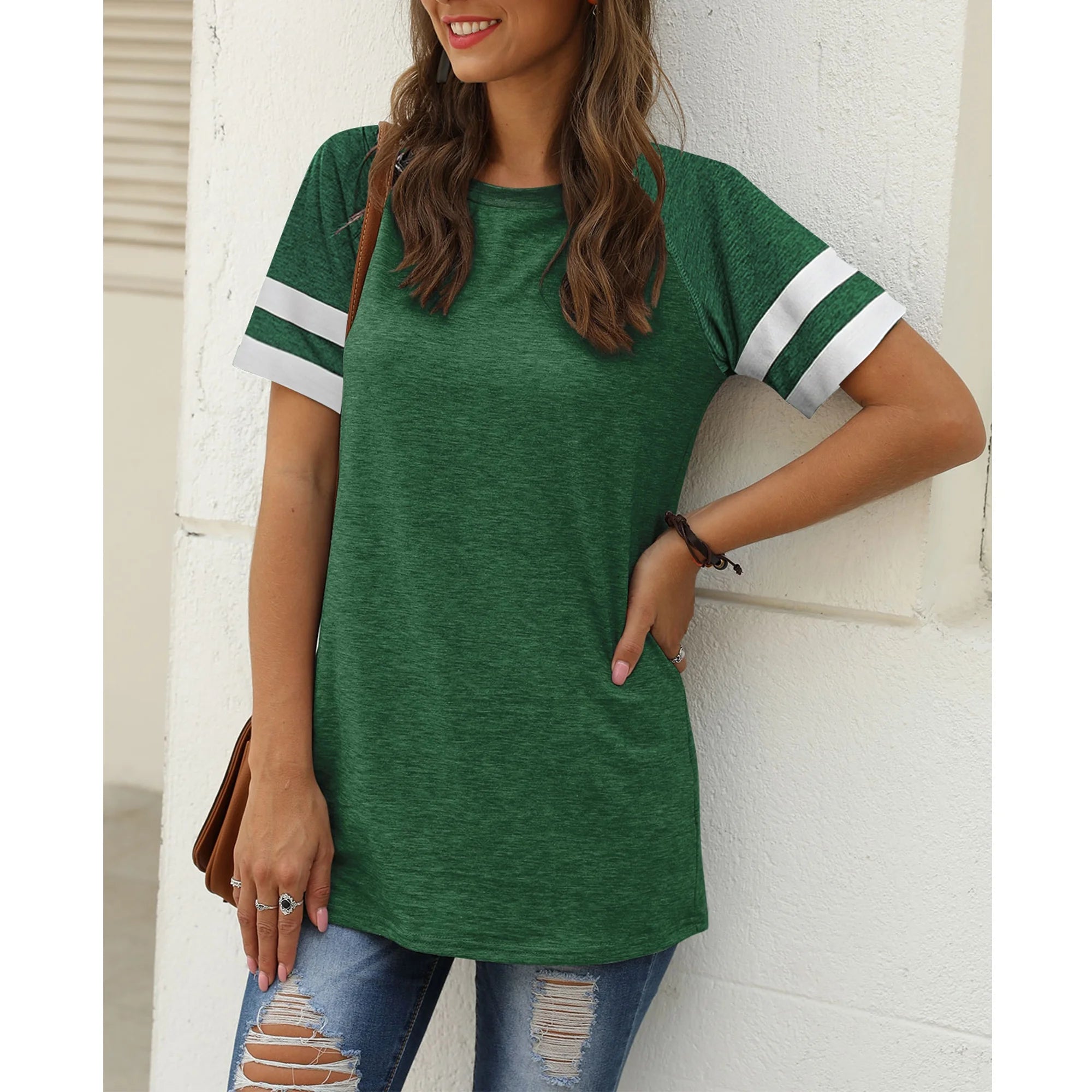 Womens Tops Summer Crewneck Tshirts Striped Short Sleeve Blouse Loose Casual Tunic Tops Green Tees 2025