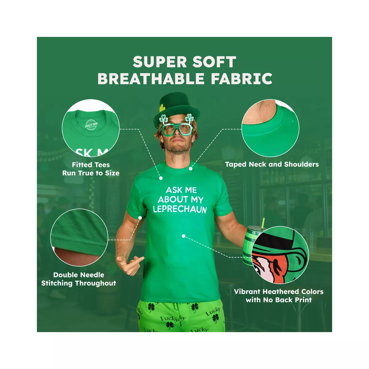 Mens Kiss Me Im Pugrish T Shirt Funny St. Patrick’S Day Pug Green Clover Tee - Crazy Dog Men'S T Shirt for Saint Patrick'S Day