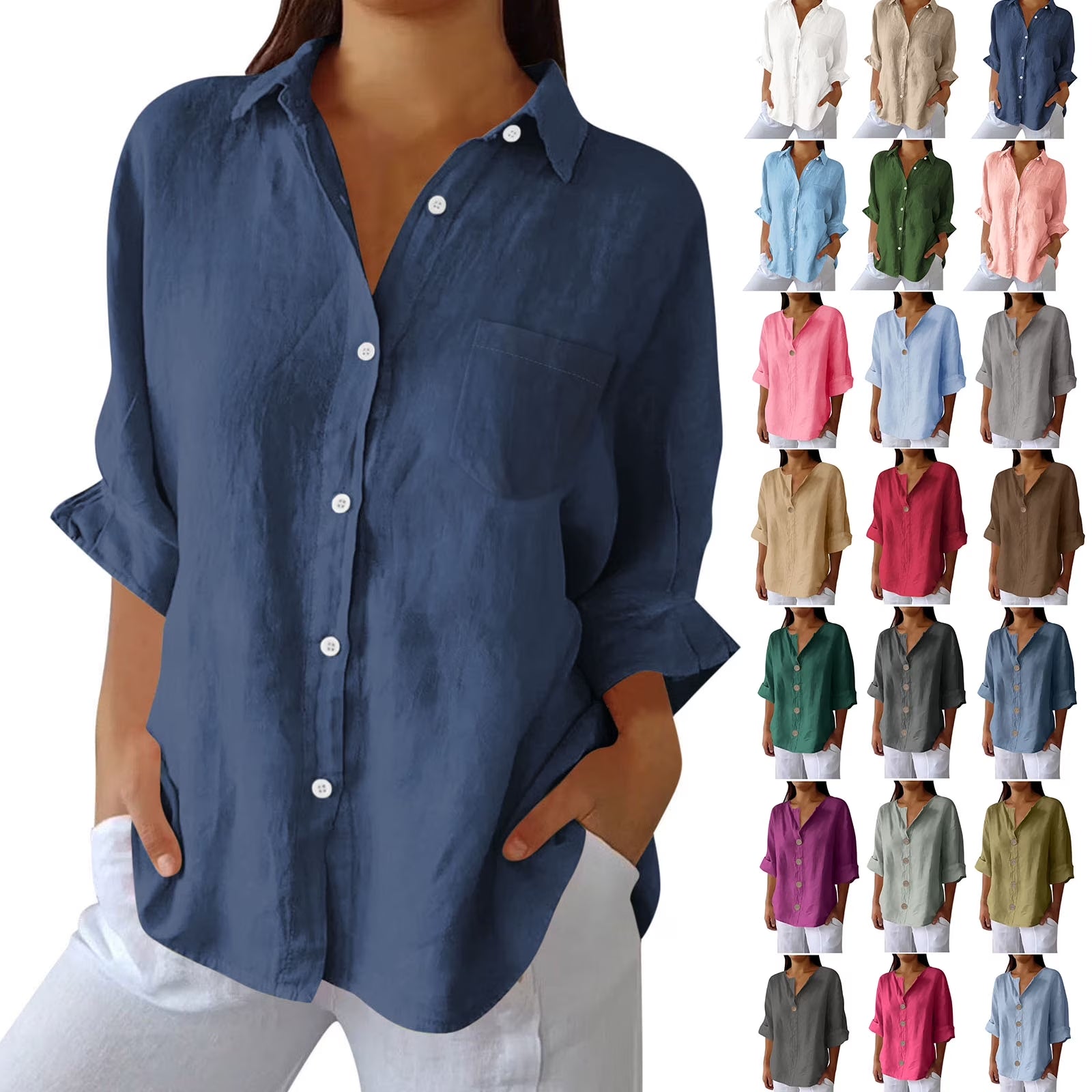 3/4 Length Sleeve Womens Tops, Dressy Casual Blouses for Women, Women'S Fashion Summer V Neck Leisure Three-Quarter Sleeve Solid S