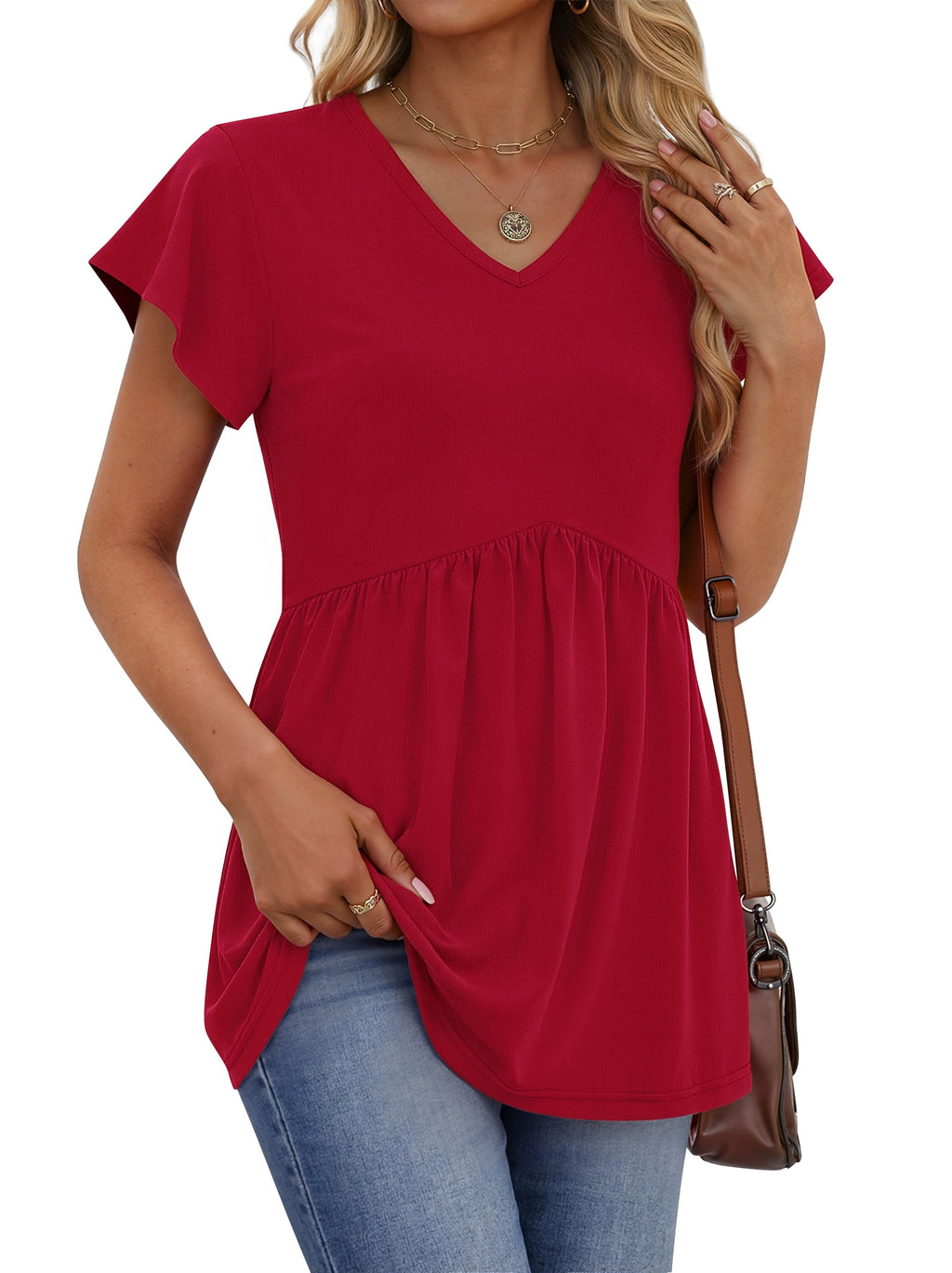 Womens Tops V Neck Short Sleeve Summer Shirts Babydoll Peplum Tops Tunic Dressy Casual Blouses
