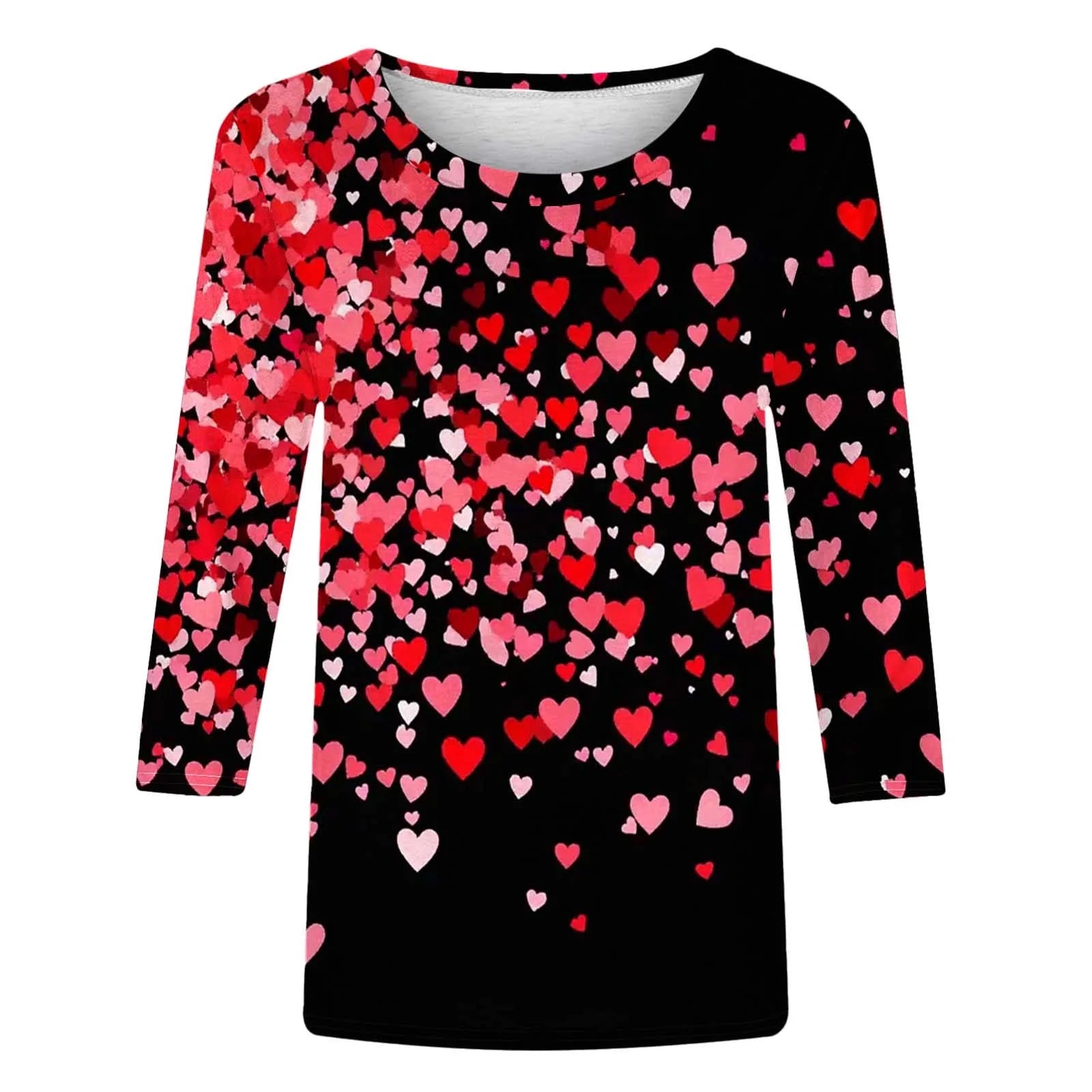 New Arrivals Fashion Tops Womens Valentine'S Day Shirts 3/4 Sleeves Blouse round Neck Heart Printed Casual Top,Size S-3XL
