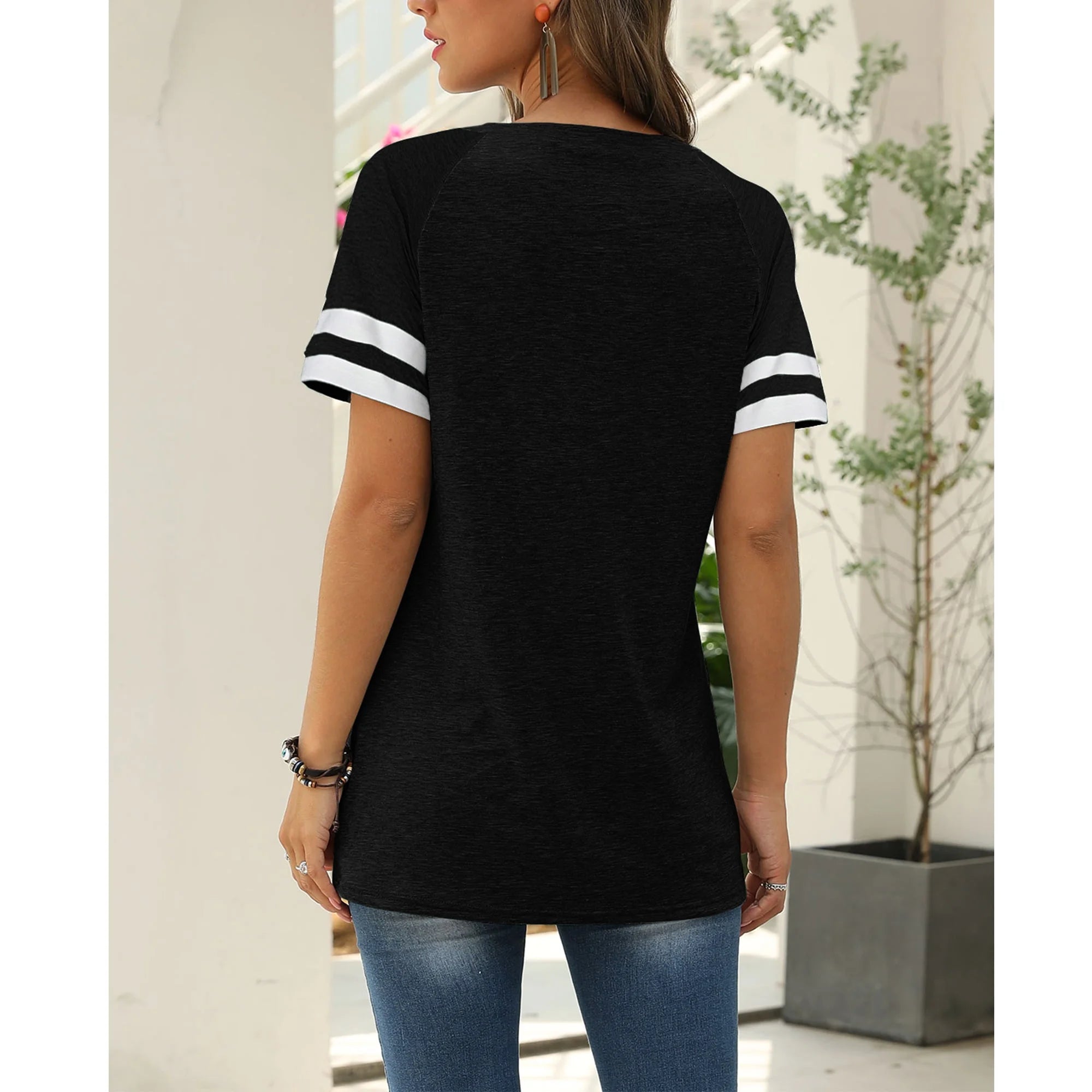 Color Block T Shirt for Womens Short Sleeve Top Casual Tunic Tops Crew Neck Striped Shirts Black Tee 2025