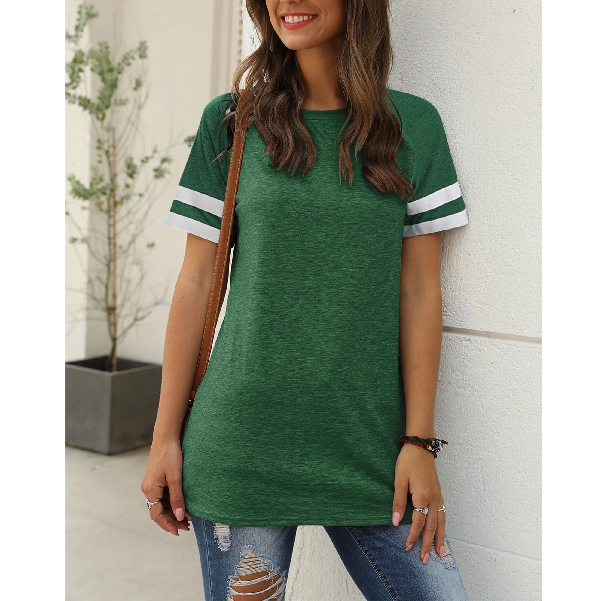 Womens Tops Summer Crewneck Tshirts Striped Short Sleeve Blouse Loose Casual Tunic Tops Green Tees 2025