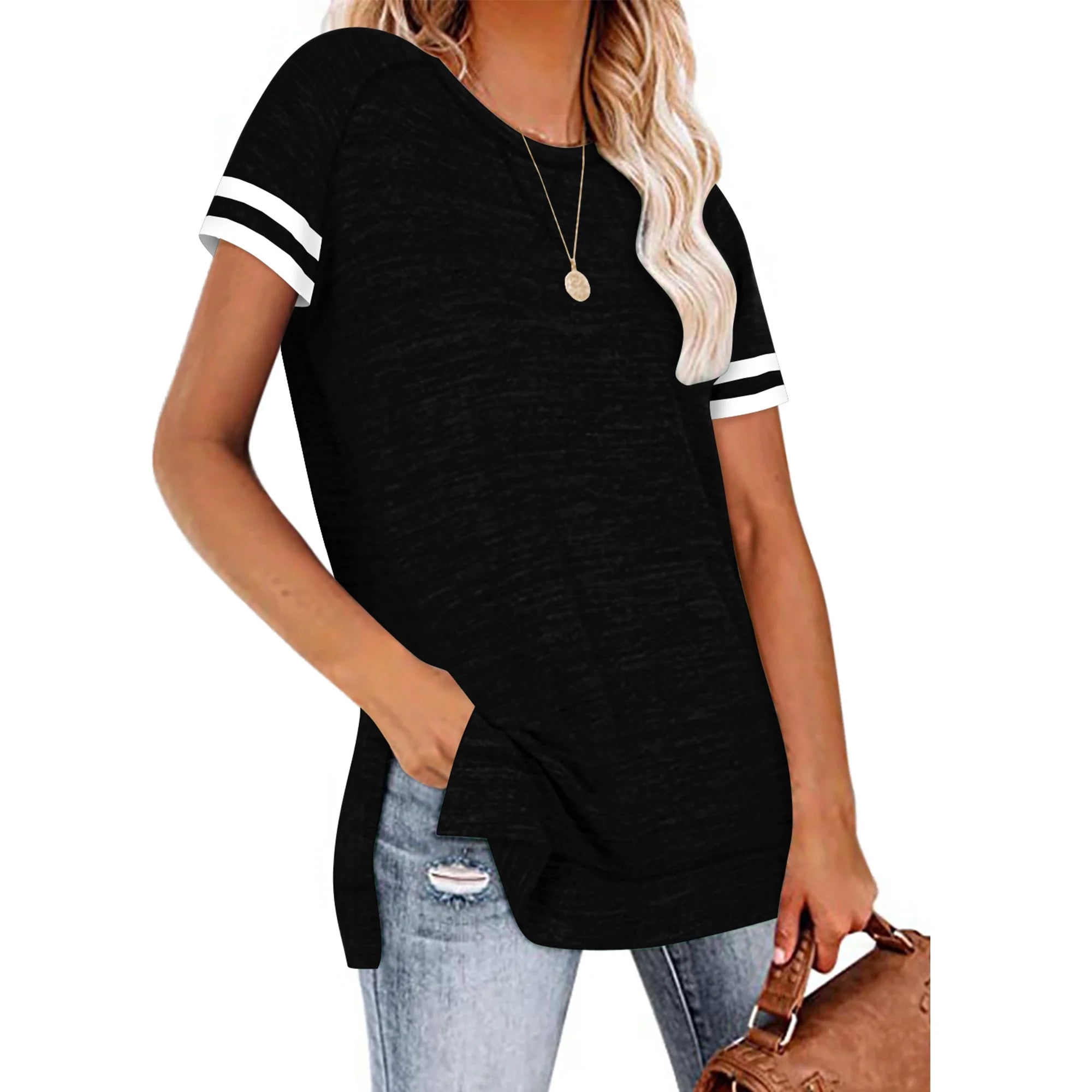 Women Tops Summer Short Sleeve Stripe Shirts Cute Casual Loose Blouse Side Split Tunic Top Black Tees