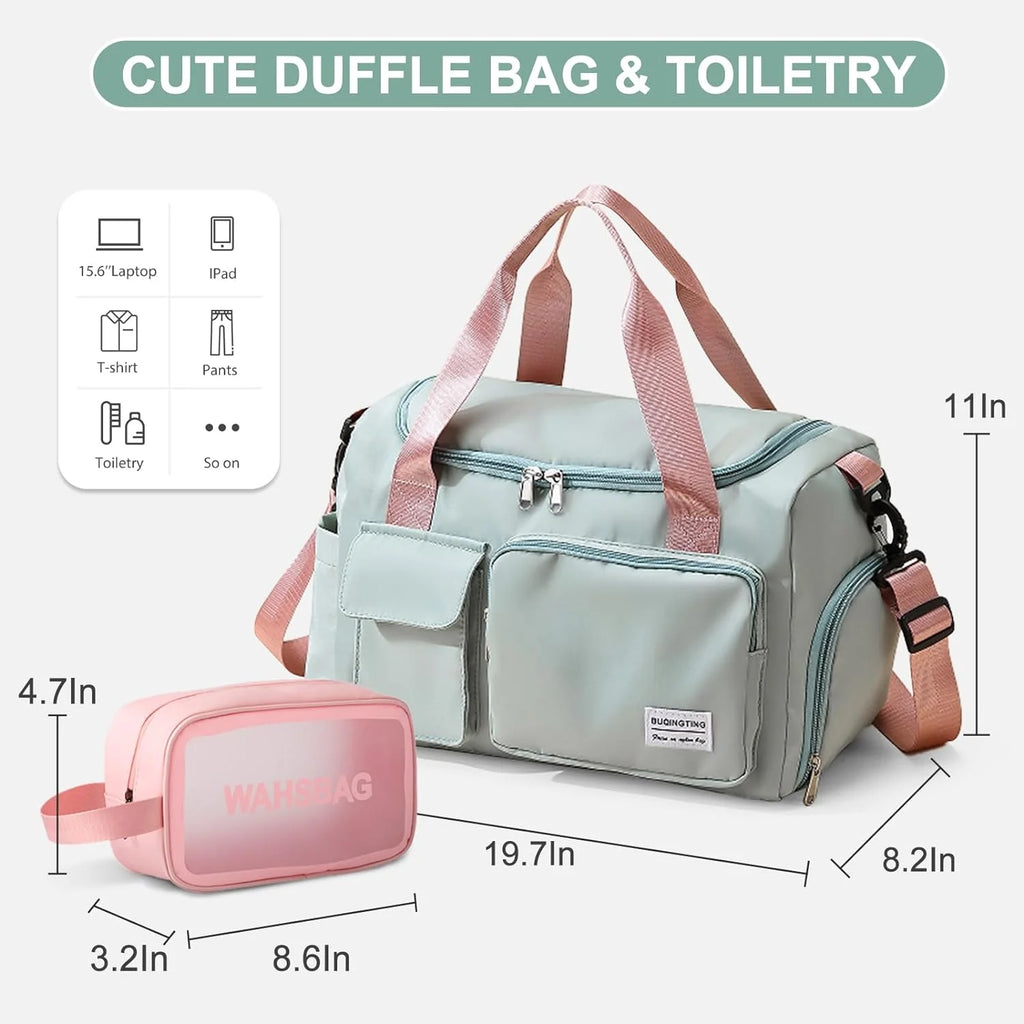 Small Gym Bag for Women, Waterproof Duffle Bag Carry on Weekender Bag with Shoe Compartment & Wet Pocket, Tote Bag for Travel, Workout, Sport