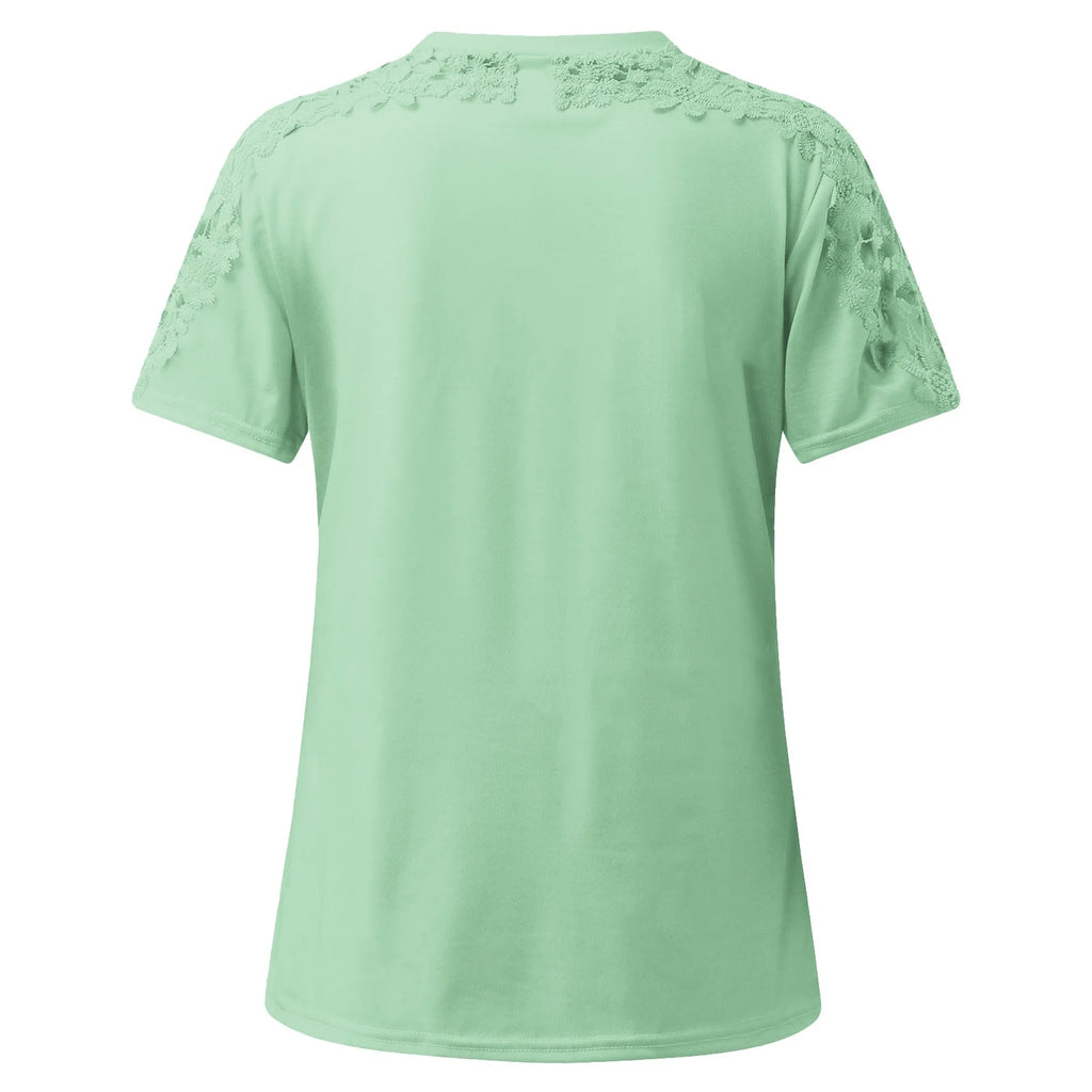 Women'S Tops Casual round Neck Plain T Shirts Summer Fashion Tops Comfy Lace Short Sleeve Blouses Petite Tops for Women