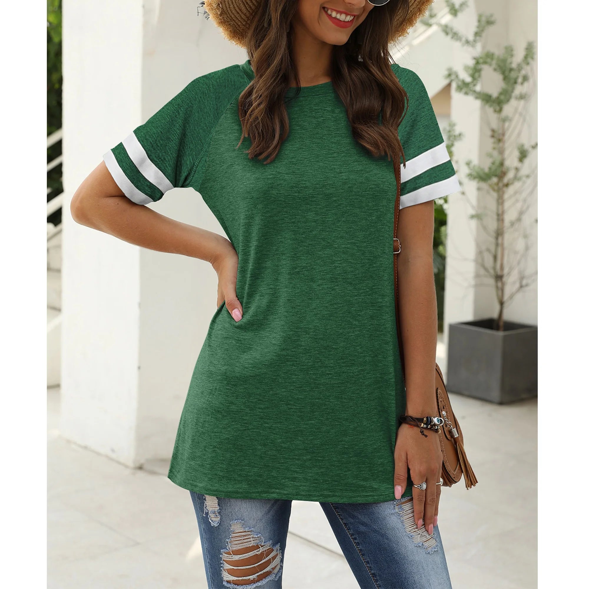 Womens Tops Summer Crewneck Tshirts Striped Short Sleeve Blouse Loose Casual Tunic Tops Green Tees 2025
