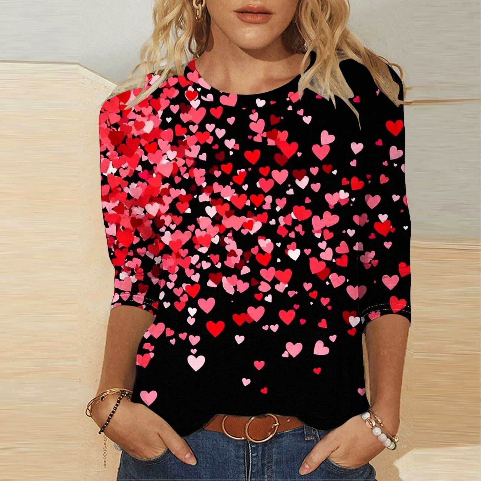 New Arrivals Fashion Tops Womens Valentine'S Day Shirts 3/4 Sleeves Blouse round Neck Heart Printed Casual Top,Size S-3XL
