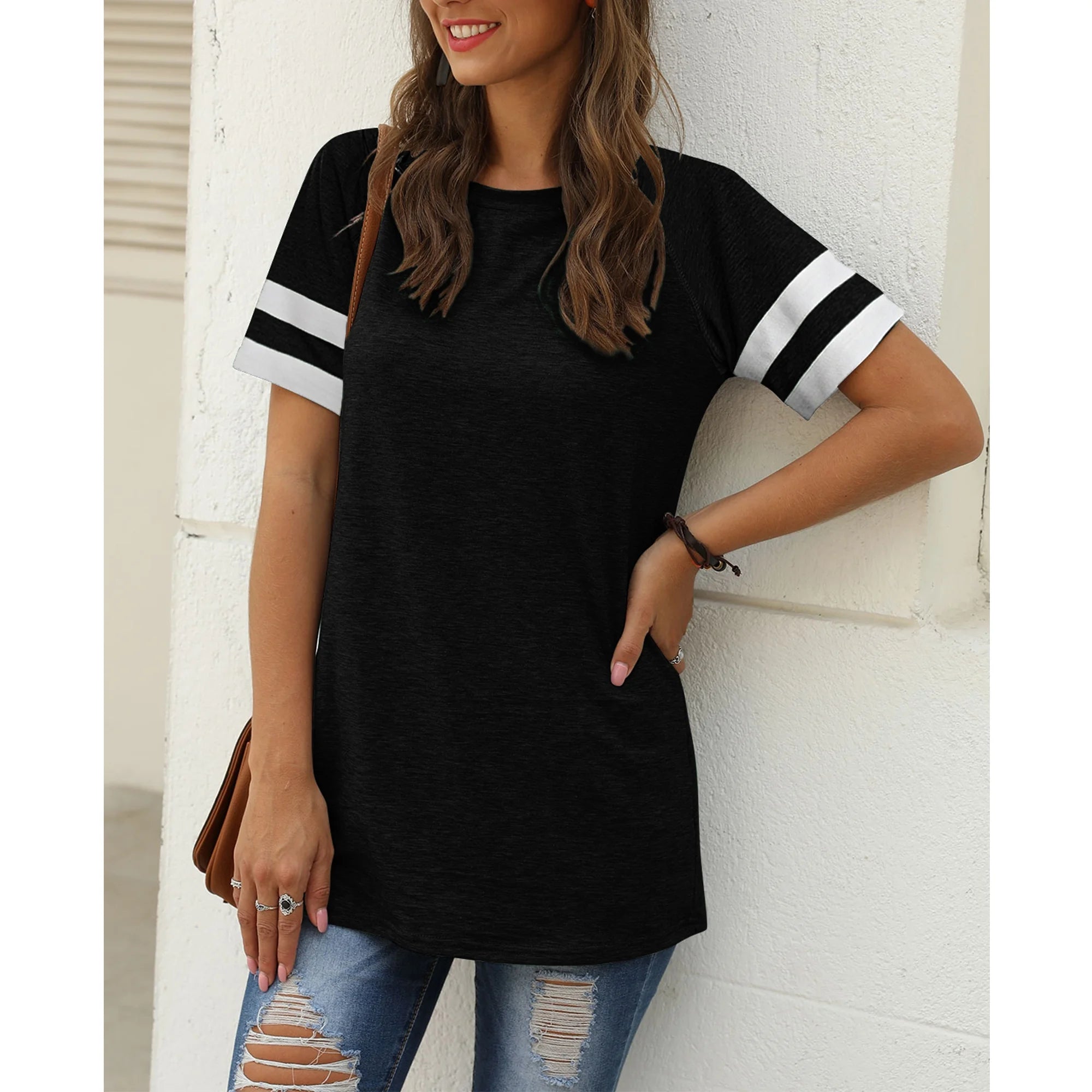 Color Block T Shirt for Womens Short Sleeve Top Casual Tunic Tops Crew Neck Striped Shirts Black Tee 2025