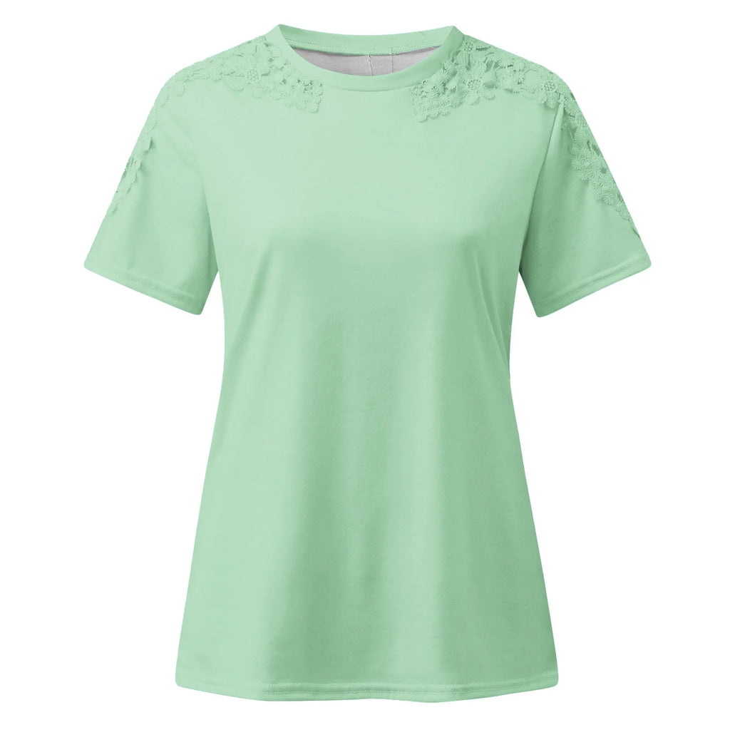 Women'S Tops Casual round Neck Plain T Shirts Summer Fashion Tops Comfy Lace Short Sleeve Blouses Petite Tops for Women