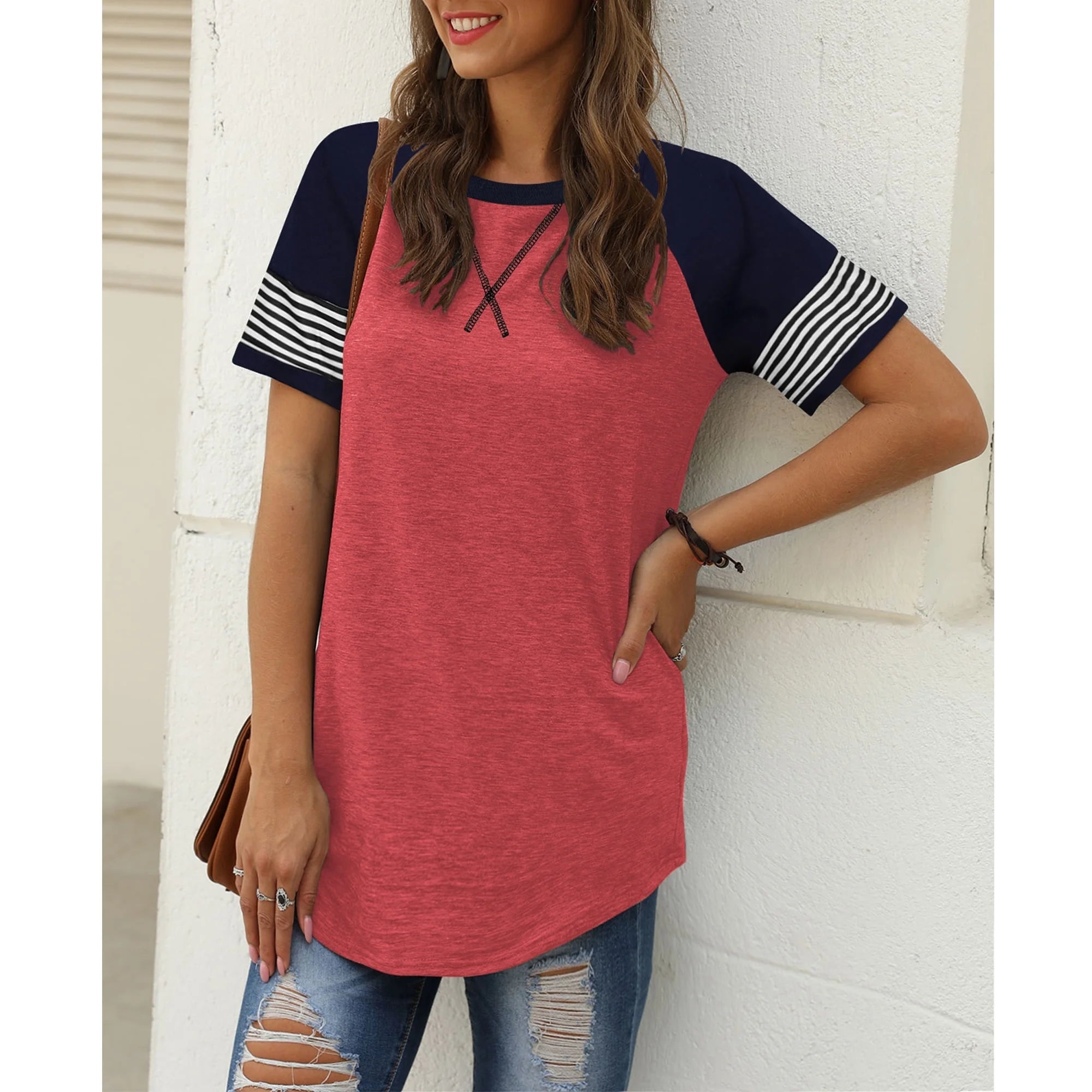 Summer Short Sleeve Tops for Women Color Block Casual Tunic Crew Neck Cute Striped T Shirts Pink Tees