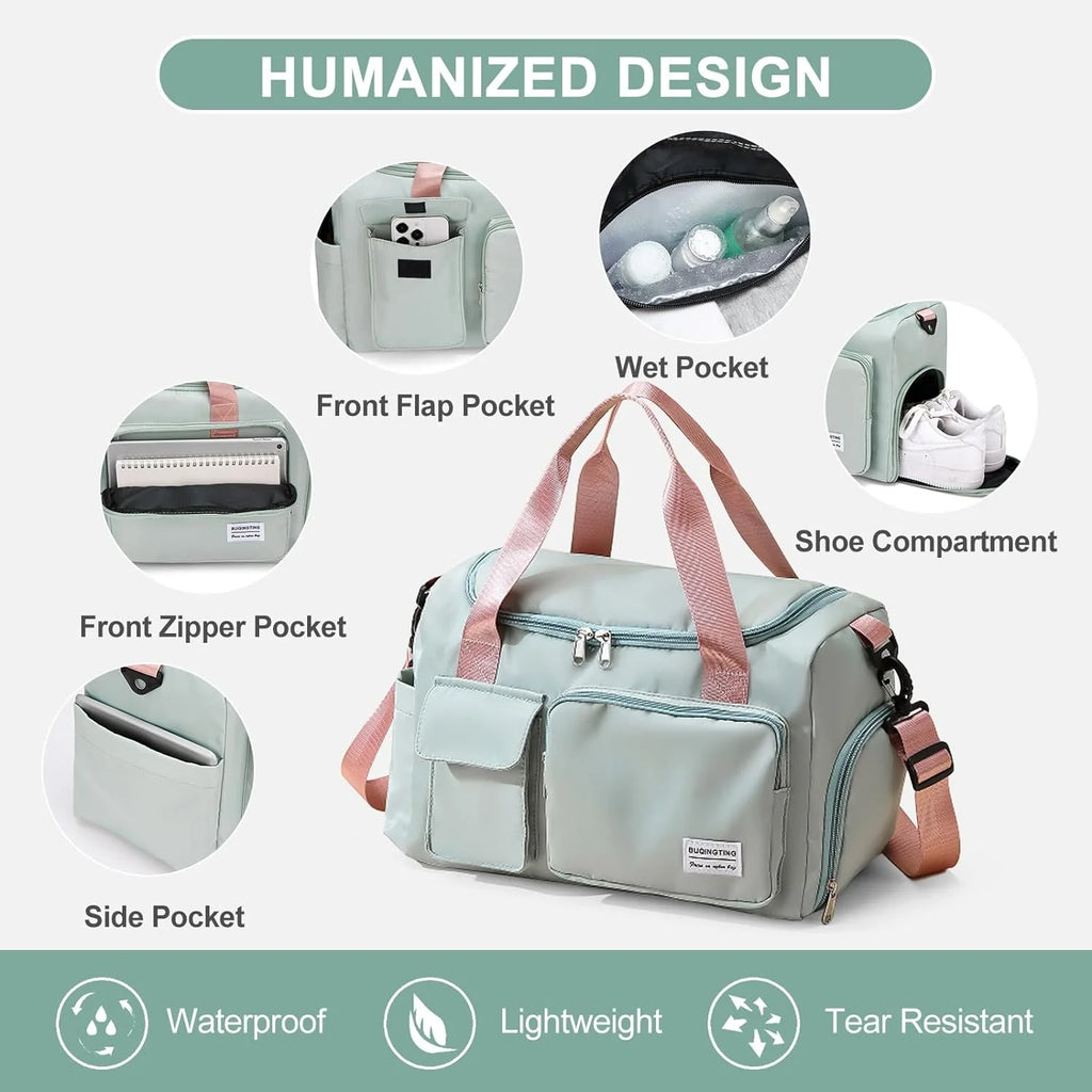Small Gym Bag for Women, Waterproof Duffle Bag Carry on Weekender Bag with Shoe Compartment & Wet Pocket, Tote Bag for Travel, Workout, Sport