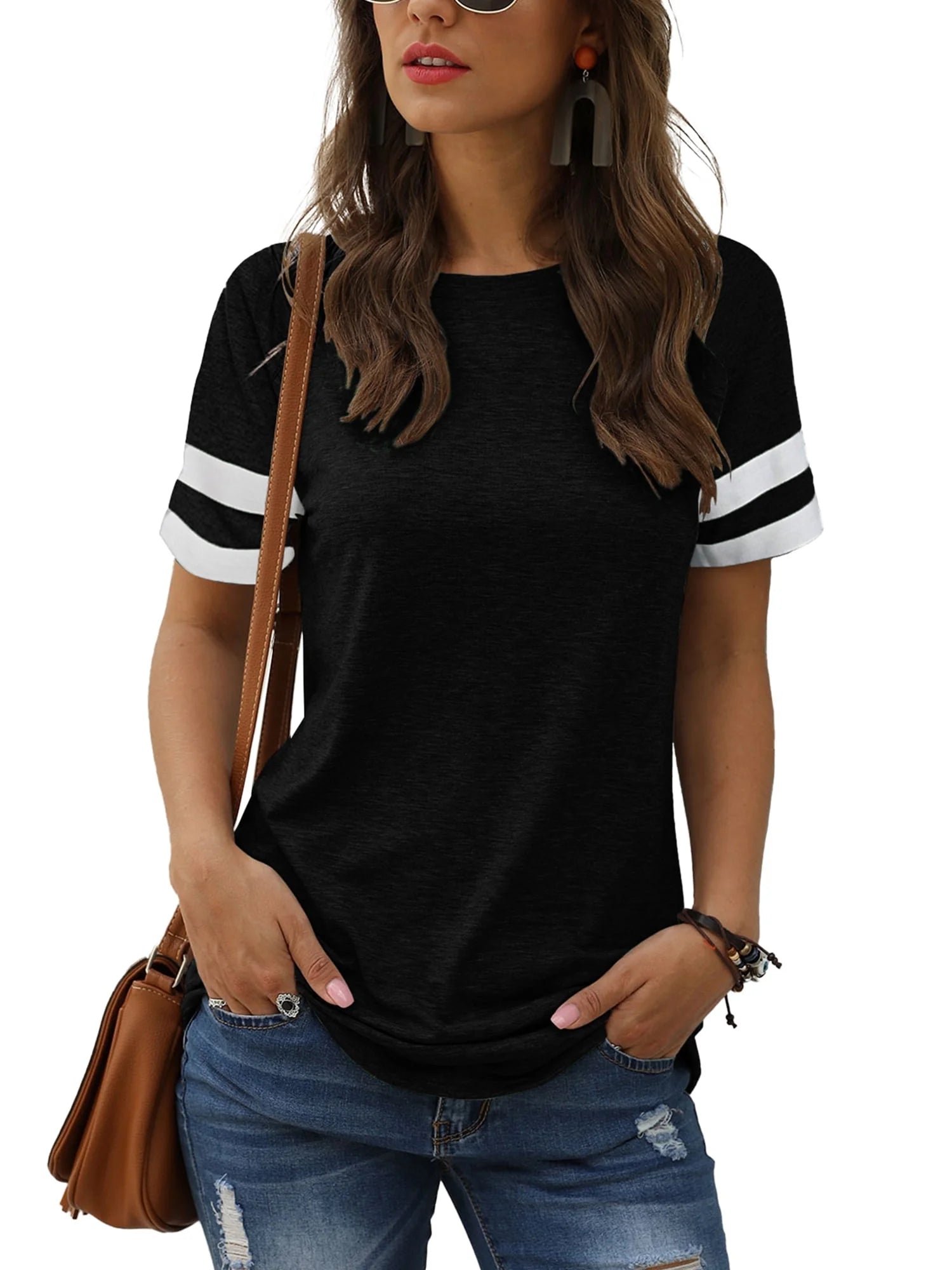 Color Block T Shirt for Womens Short Sleeve Top Casual Tunic Tops Crew Neck Striped Shirts Black Tee 2025