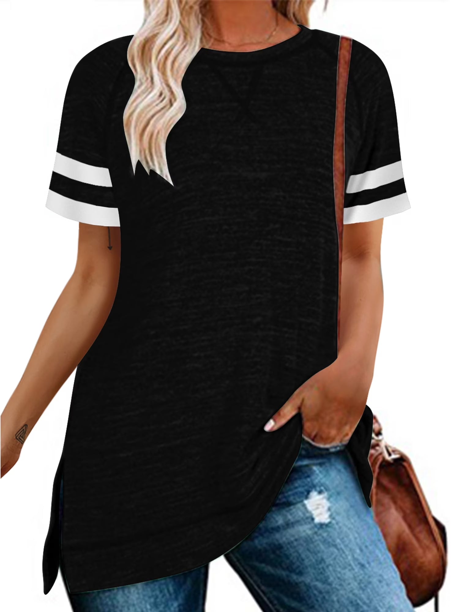 Women Tops Summer Short Sleeve Stripe Shirts Cute Casual Loose Blouse Side Split Tunic Top Black Tees