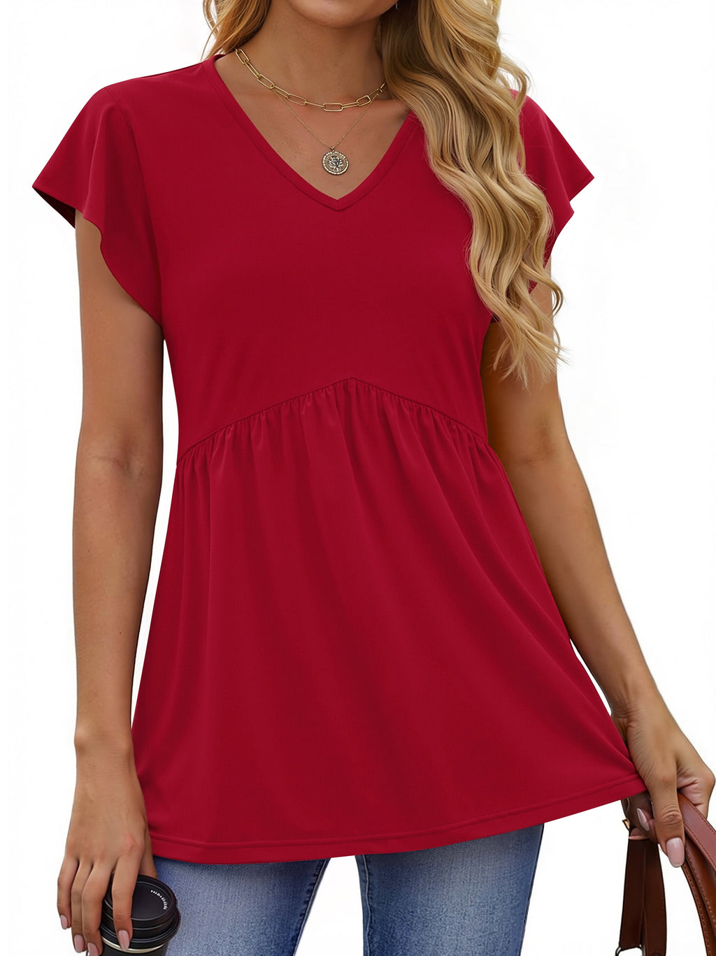 Womens Tops V Neck Short Sleeve Summer Shirts Babydoll Peplum Tops Tunic Dressy Casual Blouses