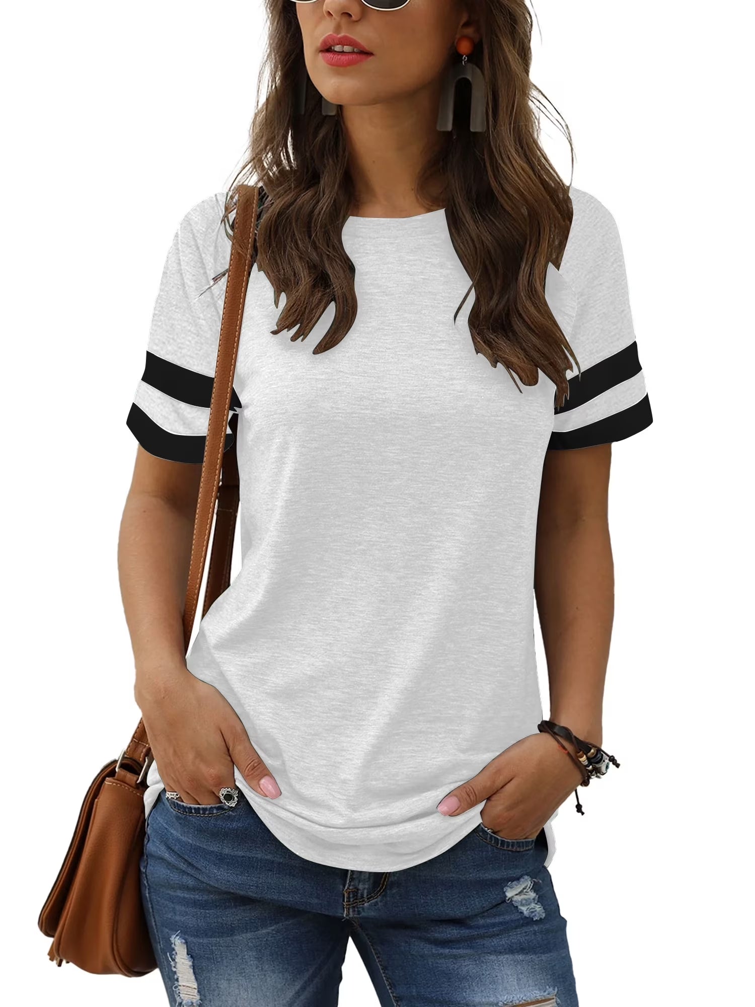 Color Block T Shirt for Womens Short Sleeve Top Casual Tunic Tops Crew Neck Striped Shirts White Tee 2025