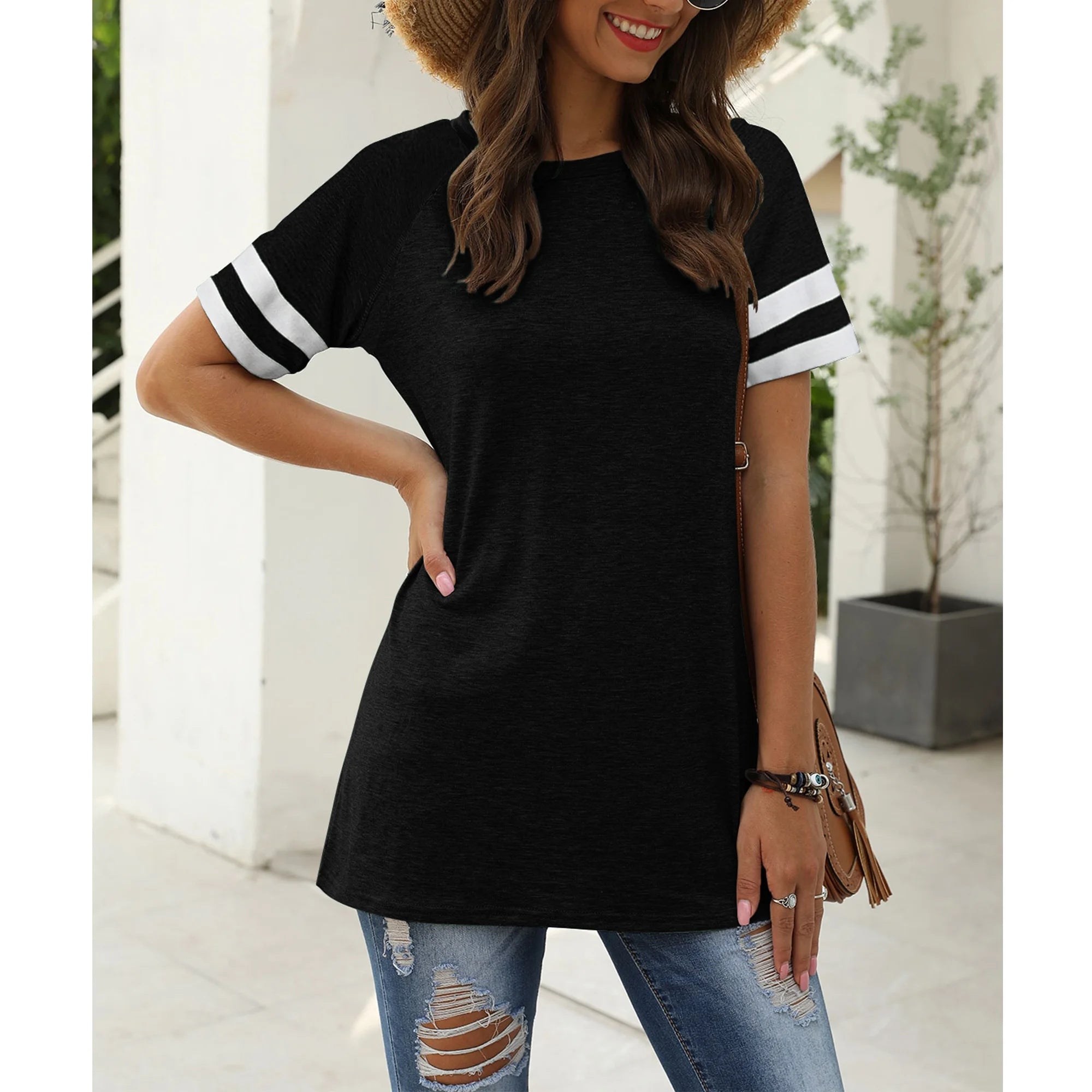 Color Block T Shirt for Womens Short Sleeve Top Casual Tunic Tops Crew Neck Striped Shirts Black Tee 2025