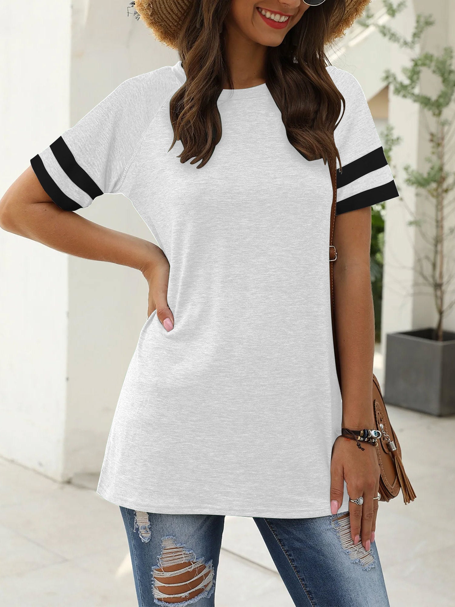 Color Block T Shirt for Womens Short Sleeve Top Casual Tunic Tops Crew Neck Striped Shirts White Tee 2025