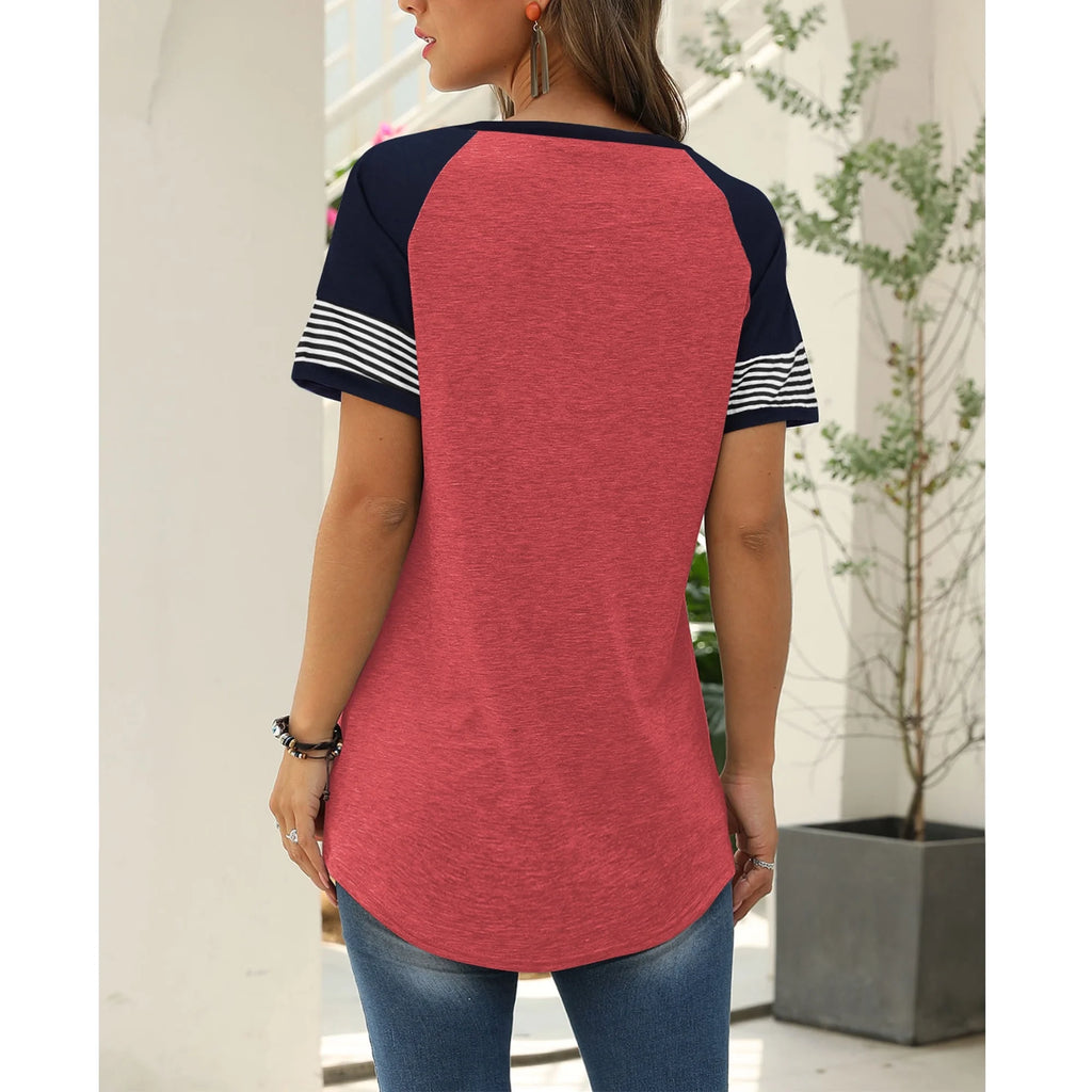 Summer Short Sleeve Tops for Women Color Block Casual Tunic Crew Neck Cute Striped T Shirts Pink Tees