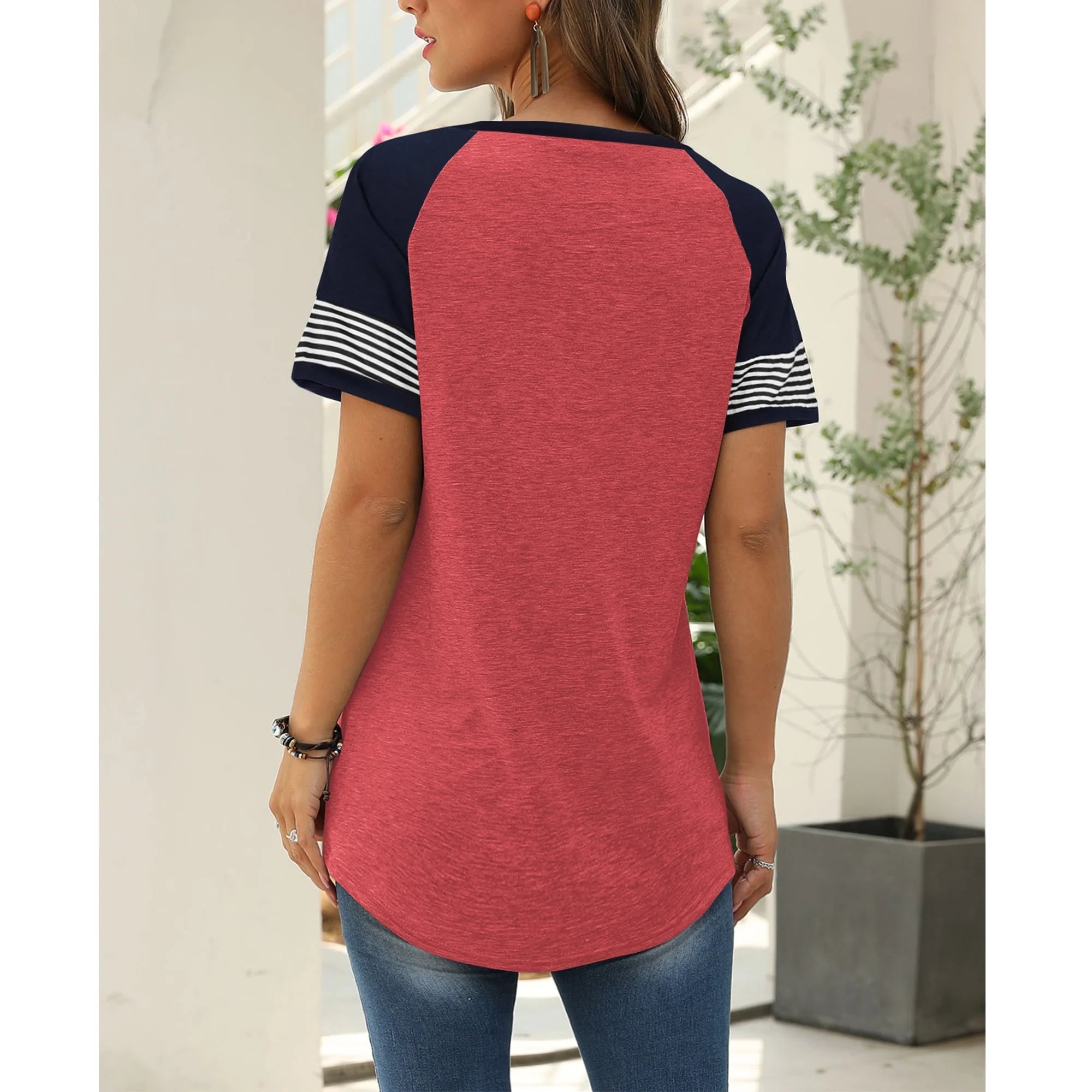 Summer Short Sleeve Tops for Women Color Block Casual Tunic Crew Neck Cute Striped T Shirts Pink Tees