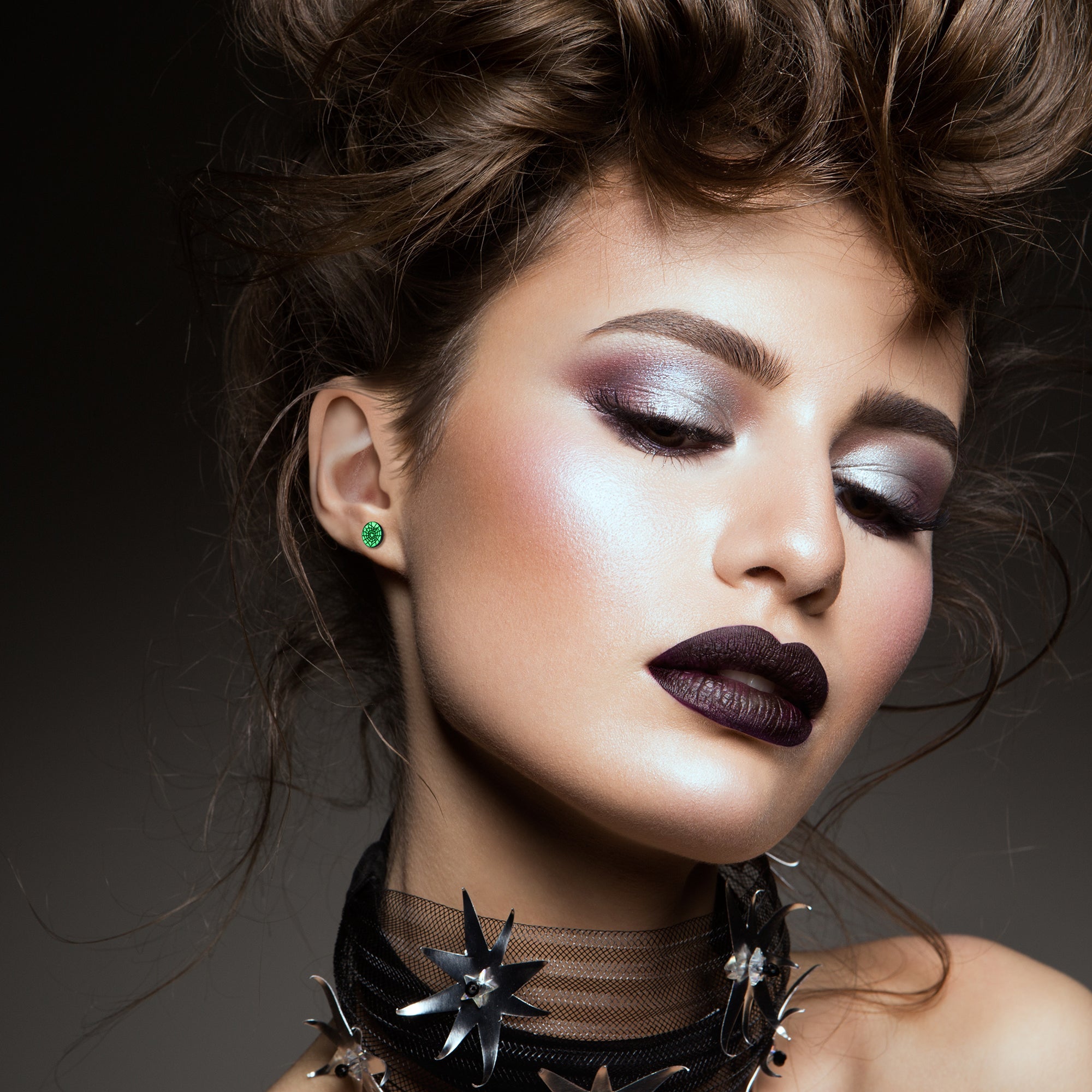 Black Anodized Steel Heart Spider Web Glow in the Dark Stud Earrings by Onyx O