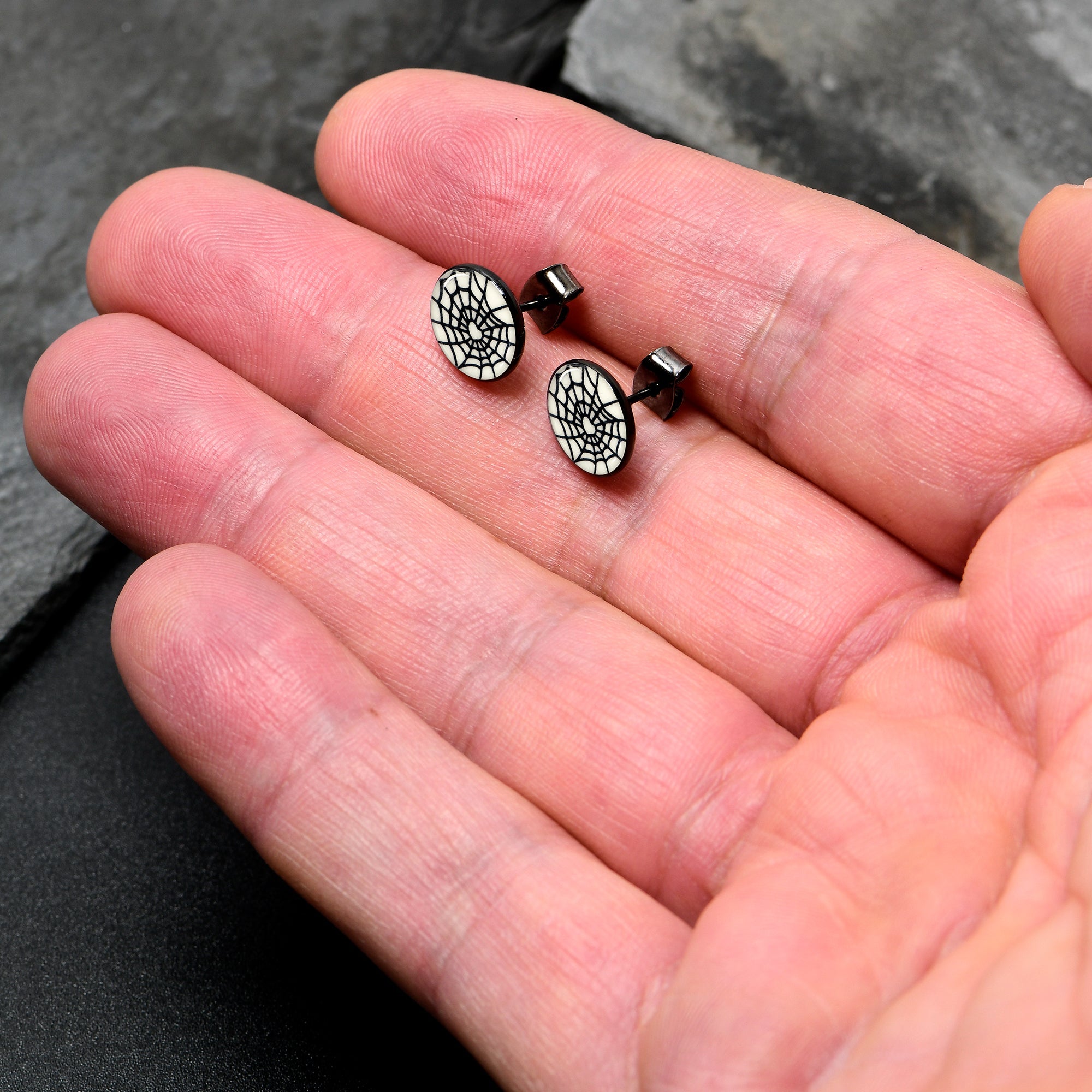 Black Anodized Steel Heart Spider Web Glow in the Dark Stud Earrings by Onyx O