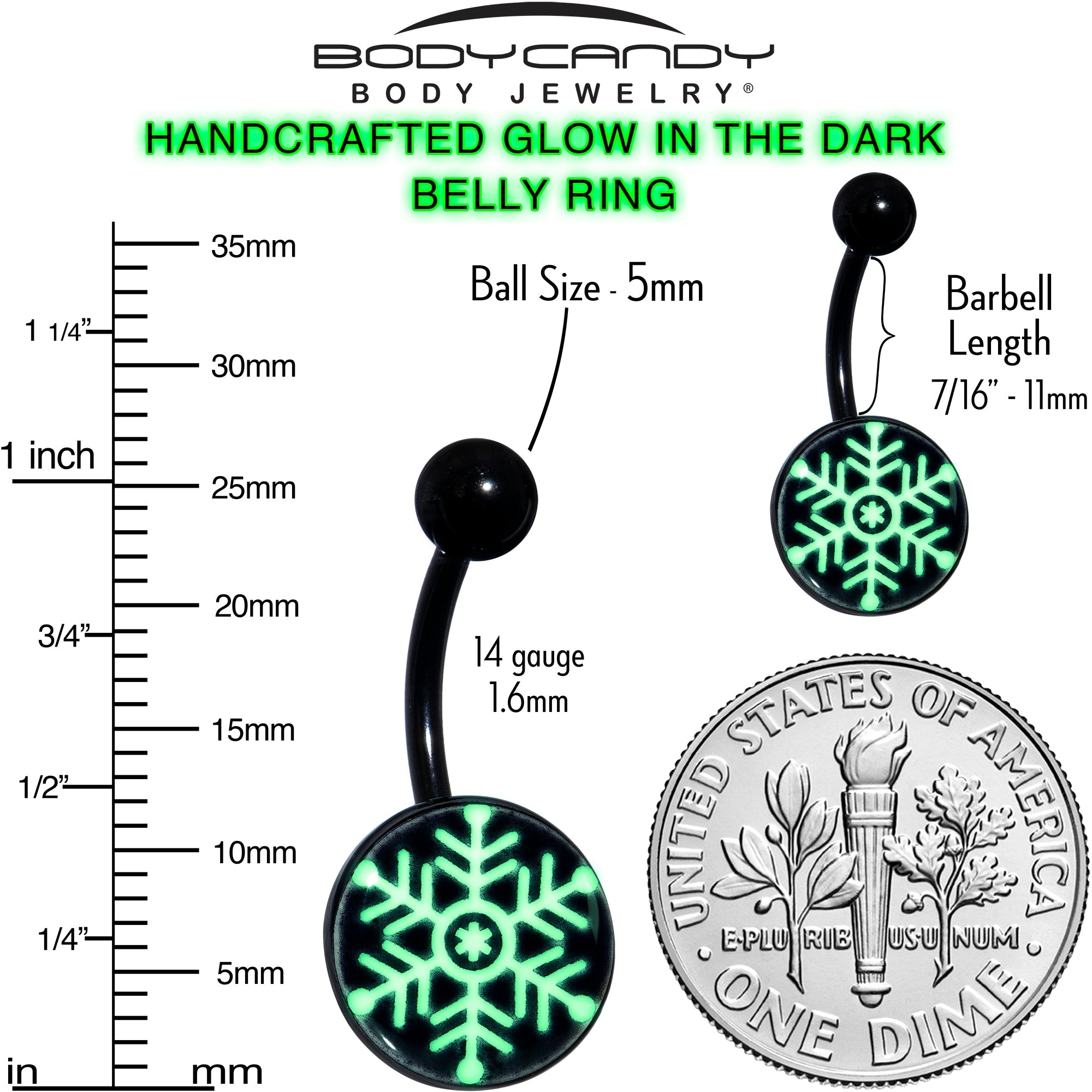 Black Glow in the Dark Holiday Snowflake Belly Ring by Onyx O