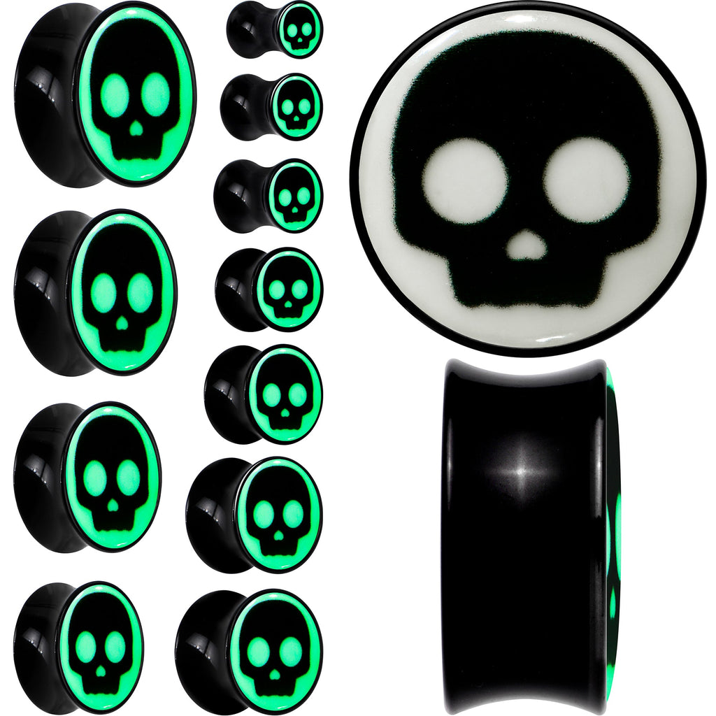 0G Glow in the Dark Simple Skull Black Acrylic Saddle Plug Set by Onyx O