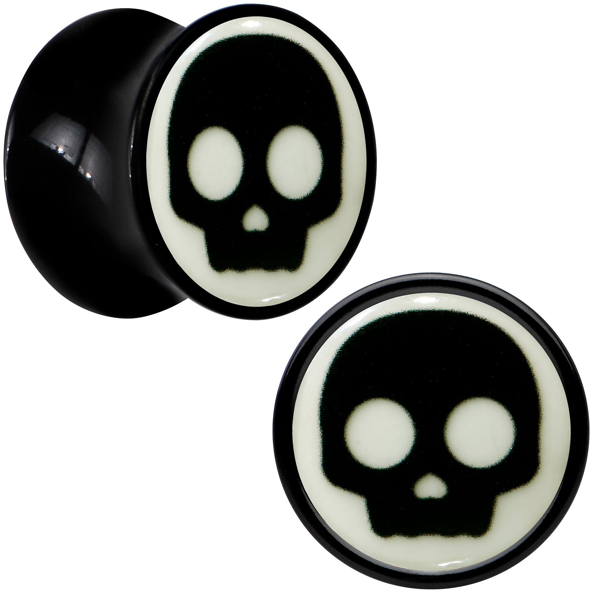 0G Glow in the Dark Simple Skull Black Acrylic Saddle Plug Set by Onyx O