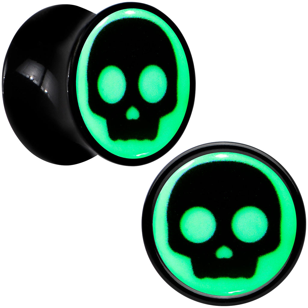 0G Glow in the Dark Simple Skull Black Acrylic Saddle Plug Set by Onyx O