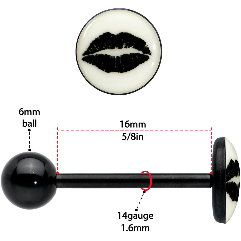 Black Glow in the Dark Lipstick Kiss Mark Barbell Tongue Ring by Onyx O