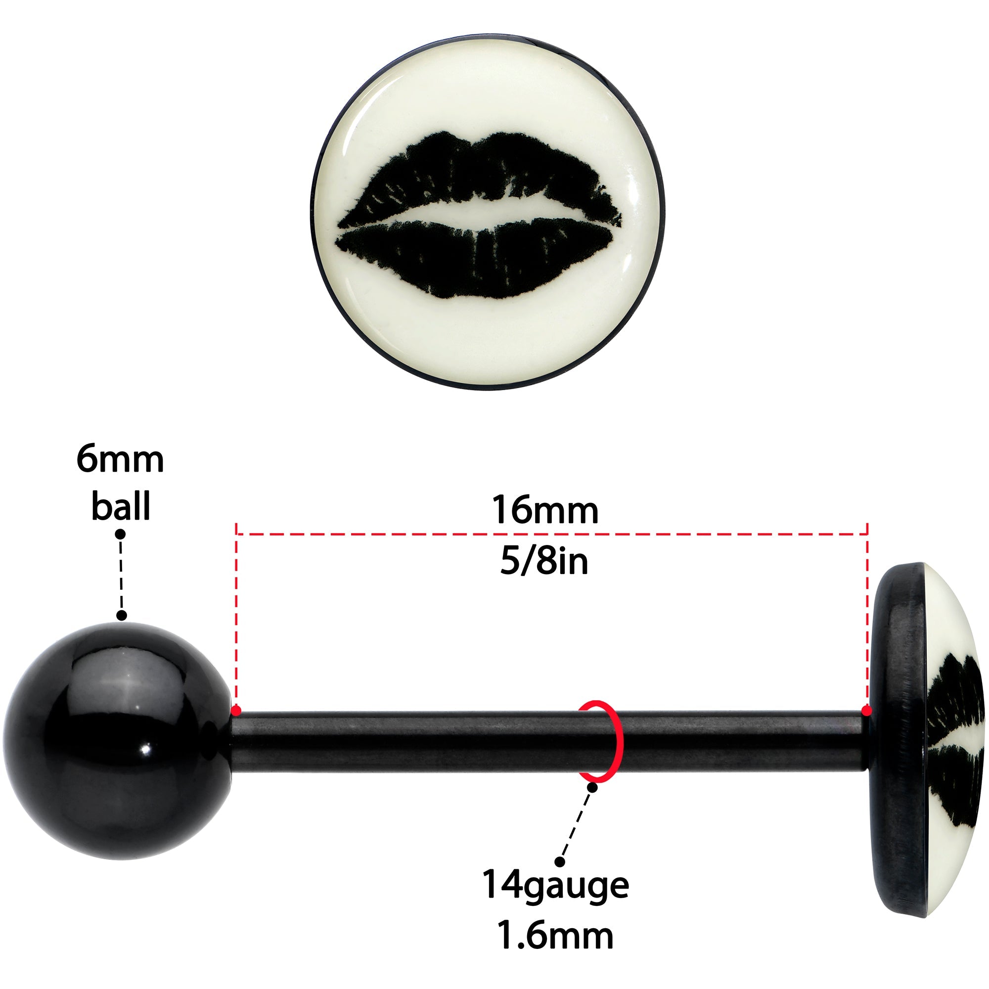 Black Glow in the Dark Lipstick Kiss Mark Barbell Tongue Ring by Onyx O