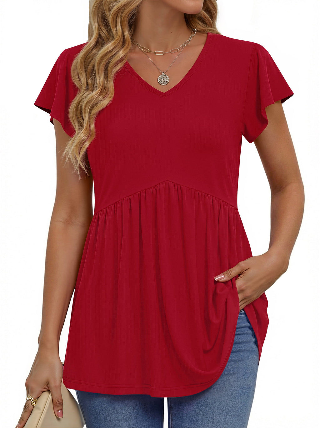 Womens Tops V Neck Short Sleeve Summer Shirts Babydoll Peplum Tops Tunic Dressy Casual Blouses
