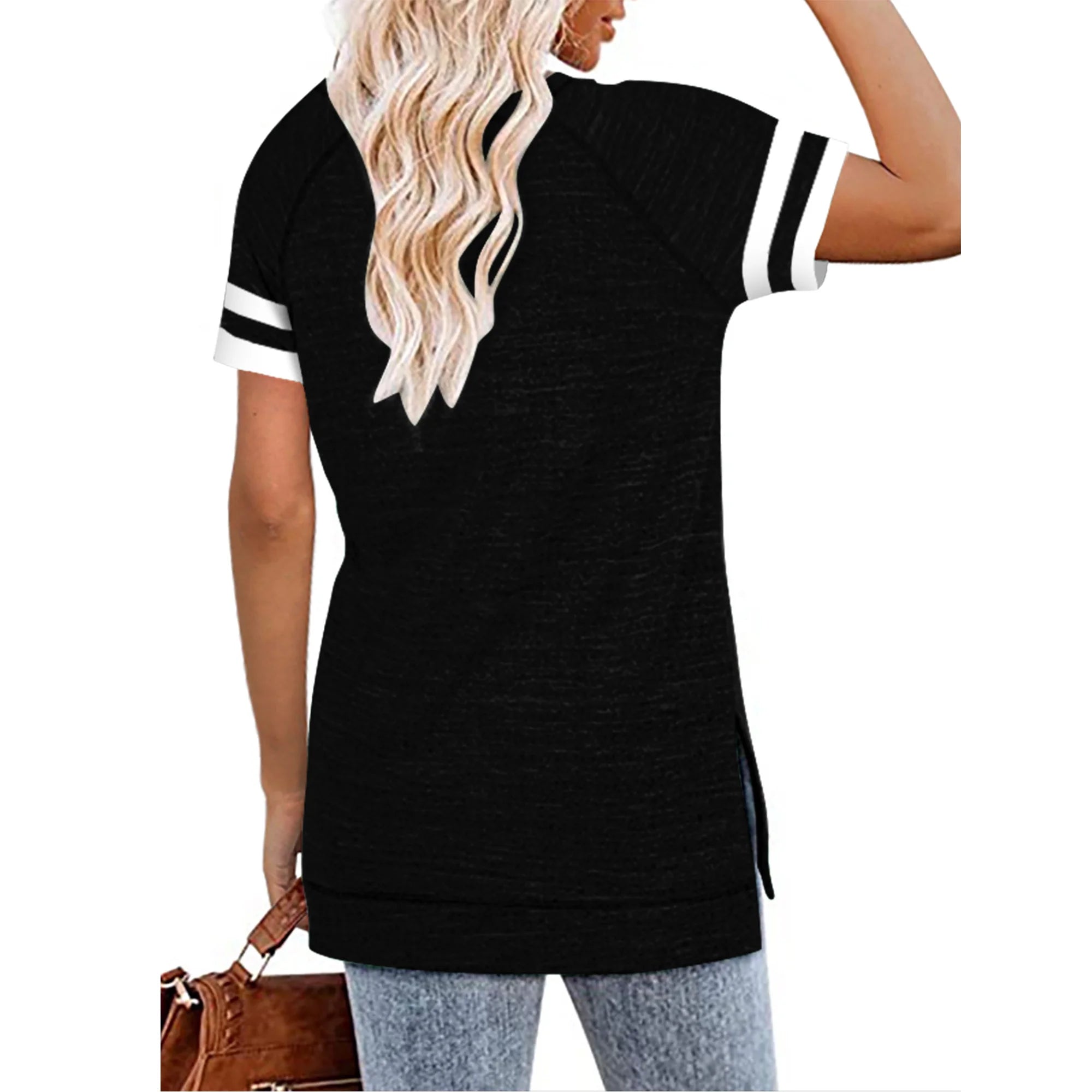 Women Tops Summer Short Sleeve Stripe Shirts Cute Casual Loose Blouse Side Split Tunic Top Black Tees