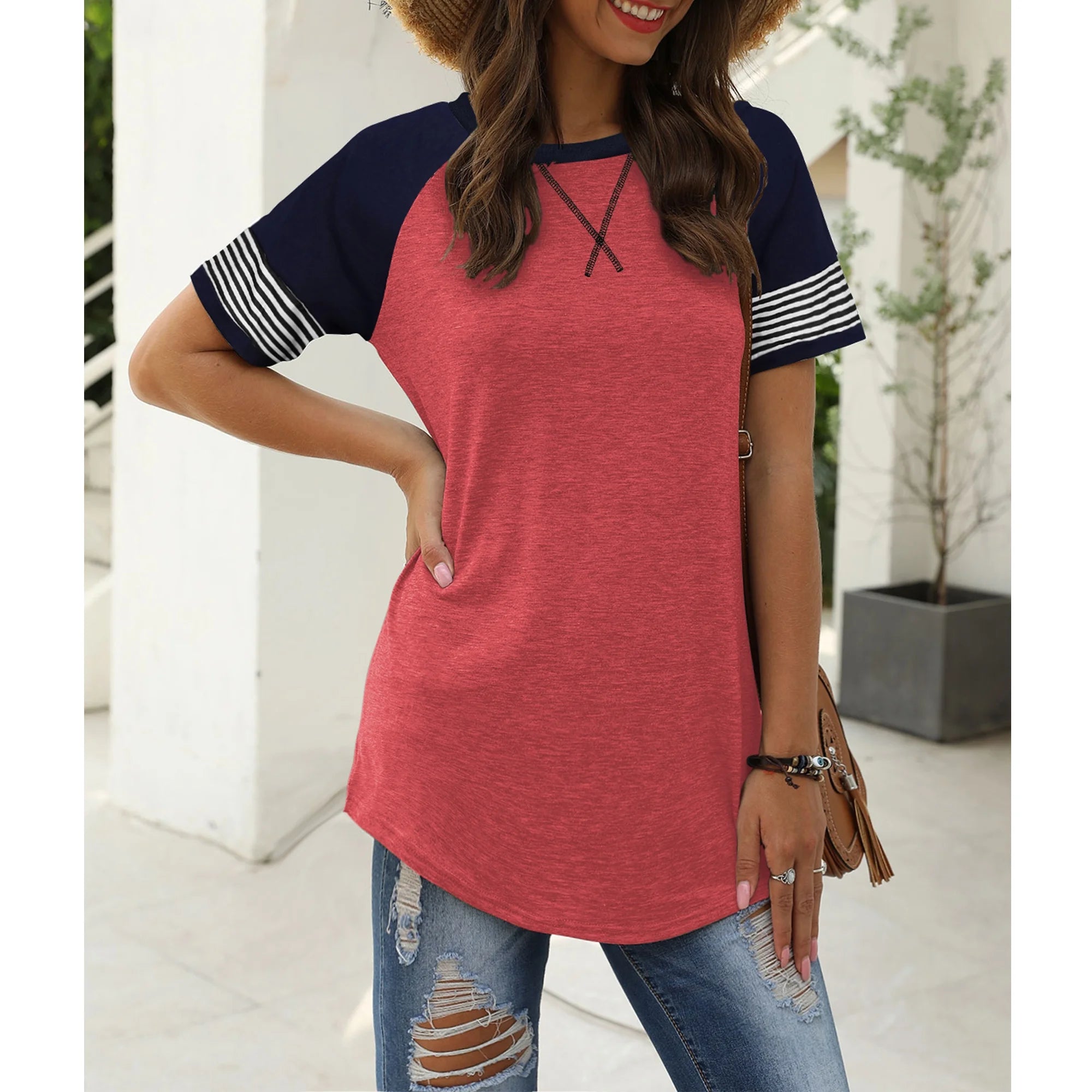 Summer Short Sleeve Tops for Women Color Block Casual Tunic Crew Neck Cute Striped T Shirts Pink Tees