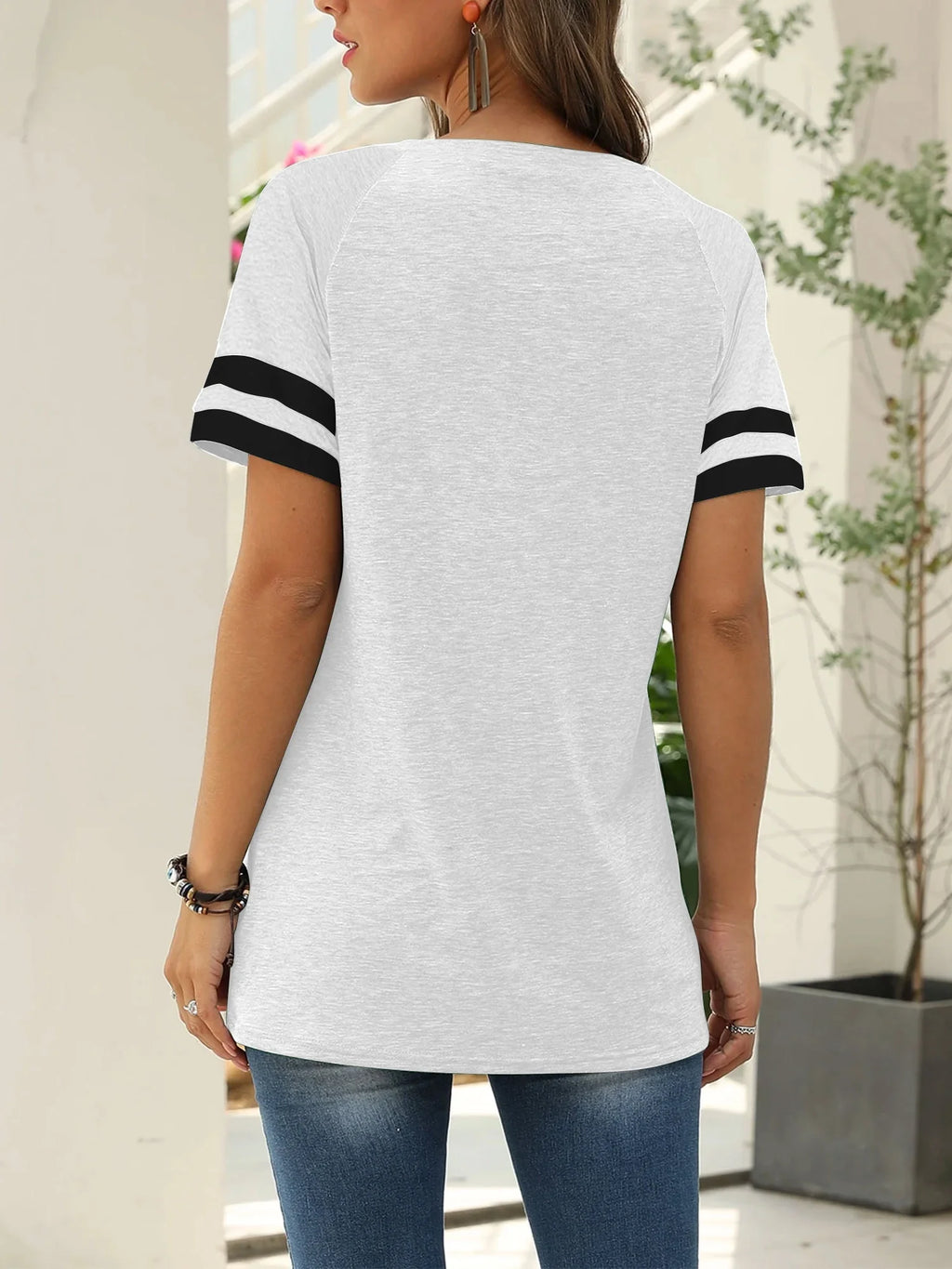 Color Block T Shirt for Womens Short Sleeve Top Casual Tunic Tops Crew Neck Striped Shirts White Tee 2025