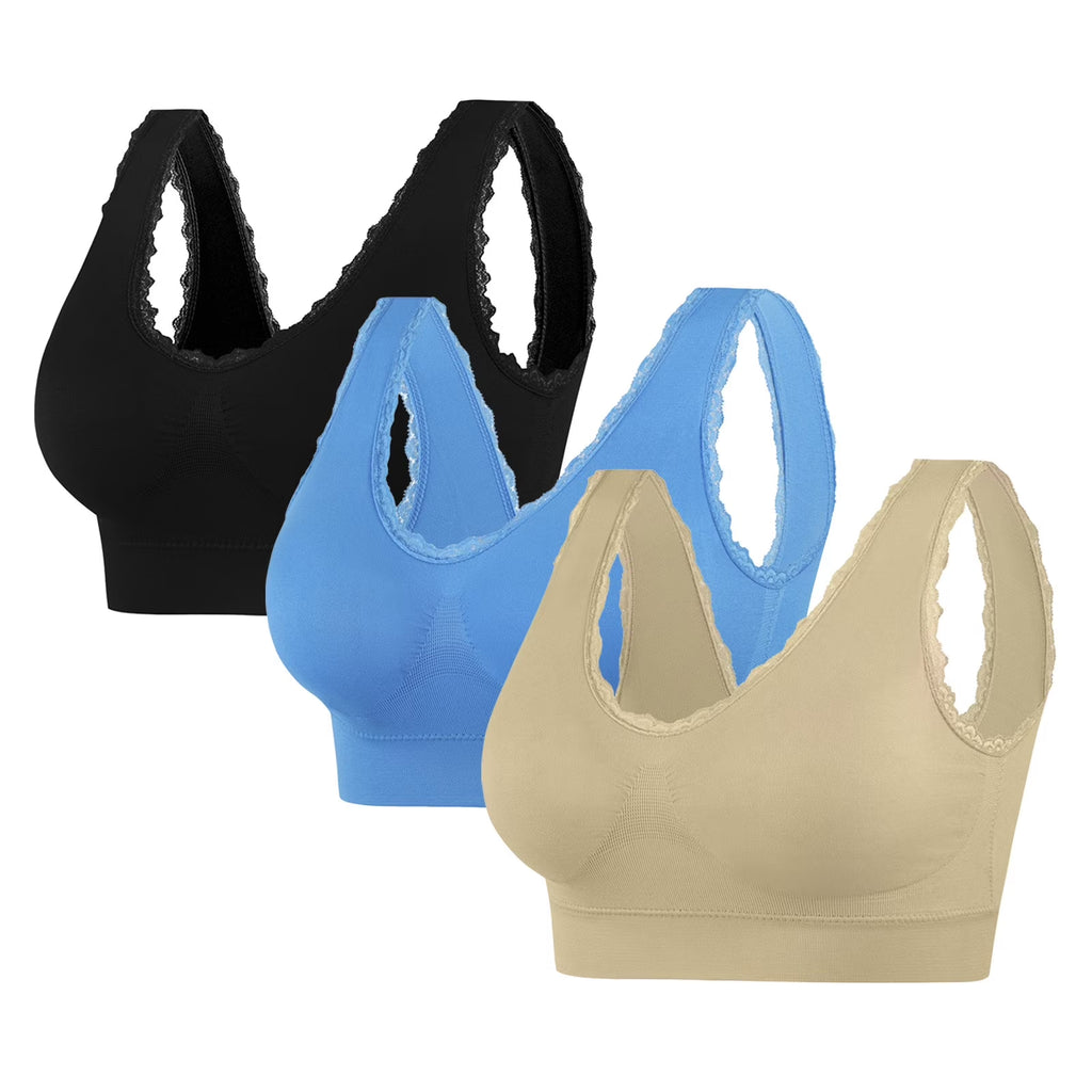 Sports Bras for Women 3 Pcs Seamless Lace Wirefree Yoga Breathable Comfortable Thin Sportswear for Women Beige Exercise Bra Size 2XL