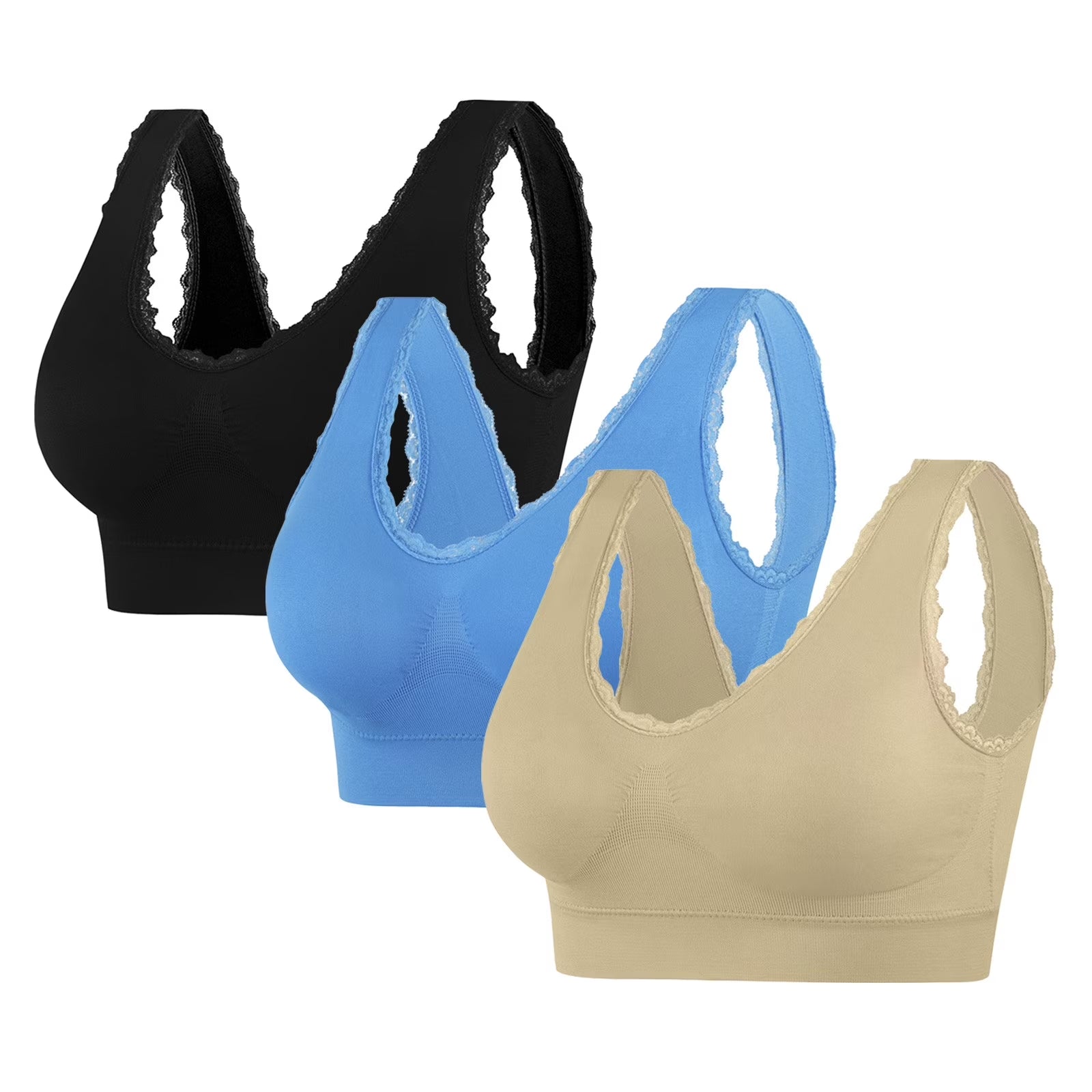 Sports Bras for Women 3 Pcs Seamless Lace Wirefree Yoga Breathable Comfortable Thin Sportswear for Women Beige Exercise Bra Size 2XL