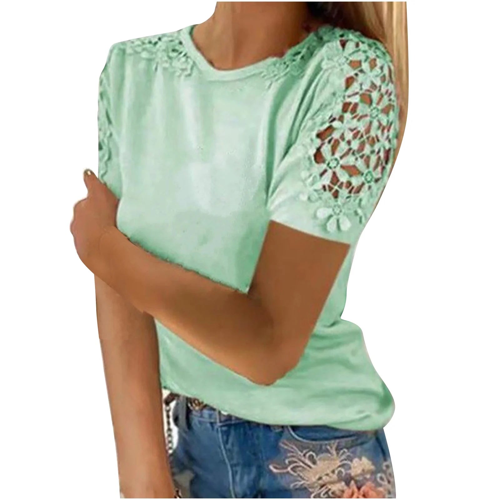 Women'S Tops Casual round Neck Plain T Shirts Summer Fashion Tops Comfy Lace Short Sleeve Blouses Petite Tops for Women