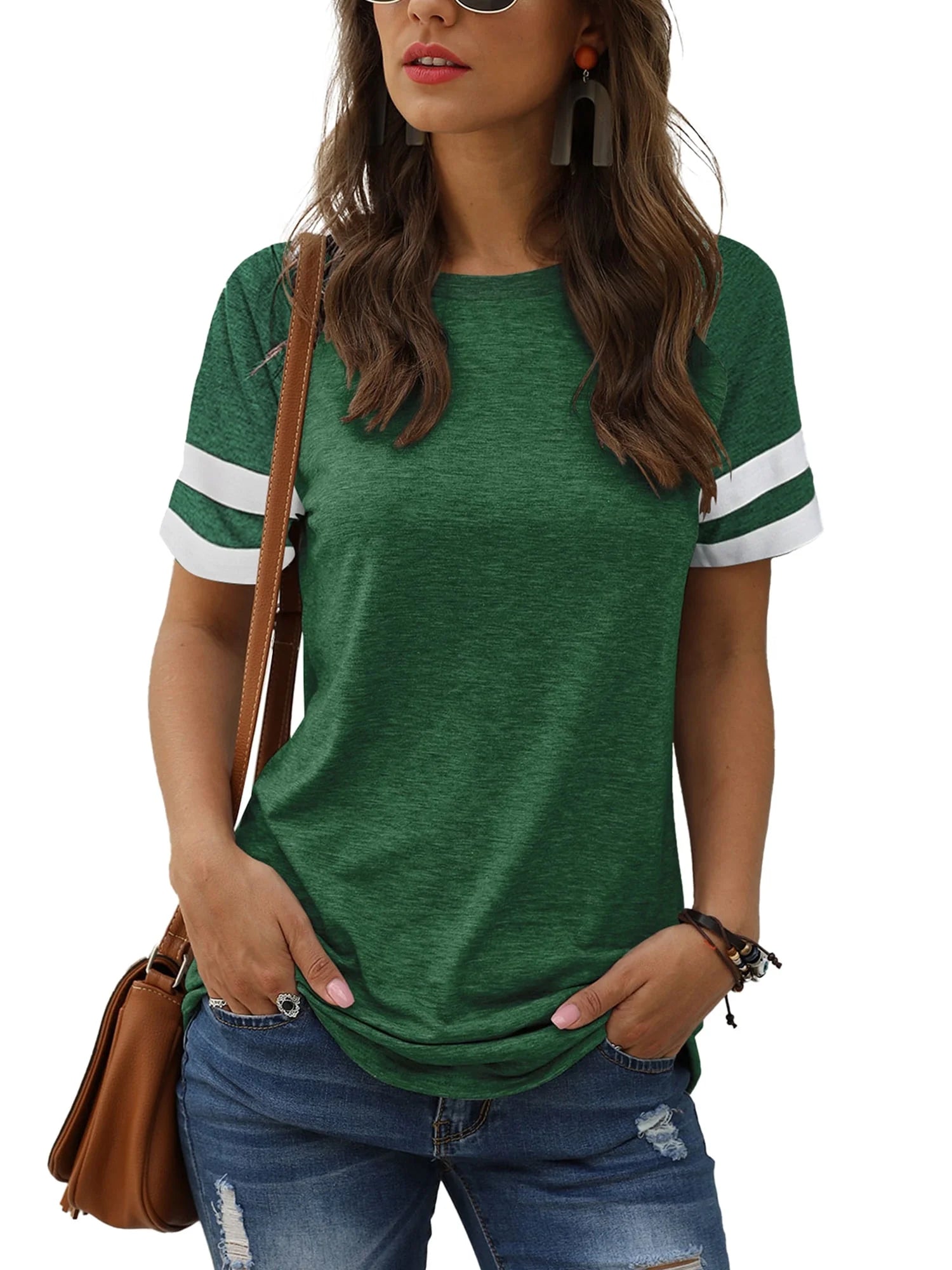 Womens Tops Summer Crewneck Tshirts Striped Short Sleeve Blouse Loose Casual Tunic Tops Green Tees 2025