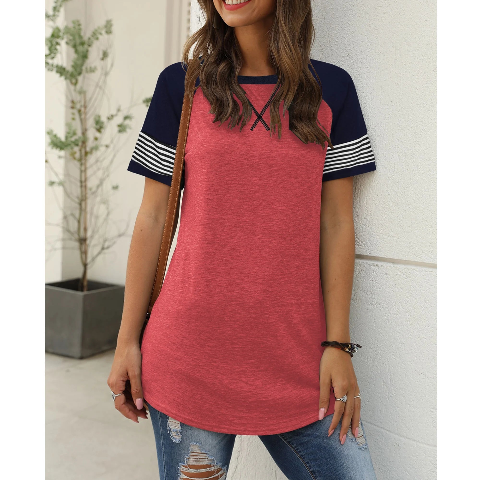Summer Short Sleeve Tops for Women Color Block Casual Tunic Crew Neck Cute Striped T Shirts Pink Tees