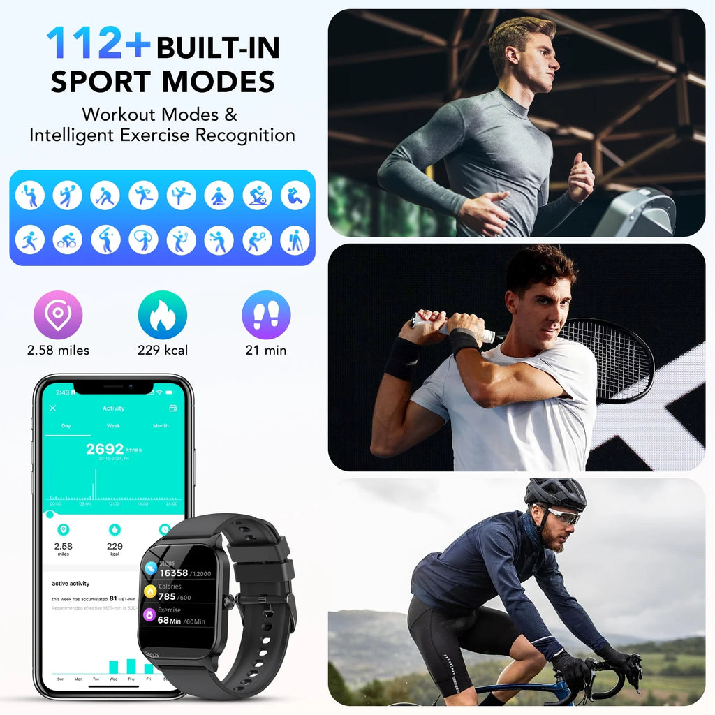 New Smart Watch Fits for Android and Iphone, 1.85 Inch Fitness Tracker, Men Women'S Smartwatch with Answer/Make Calls/Message Reminder/112+ Sports Modes, IP68 Waterproof, for Gift Black