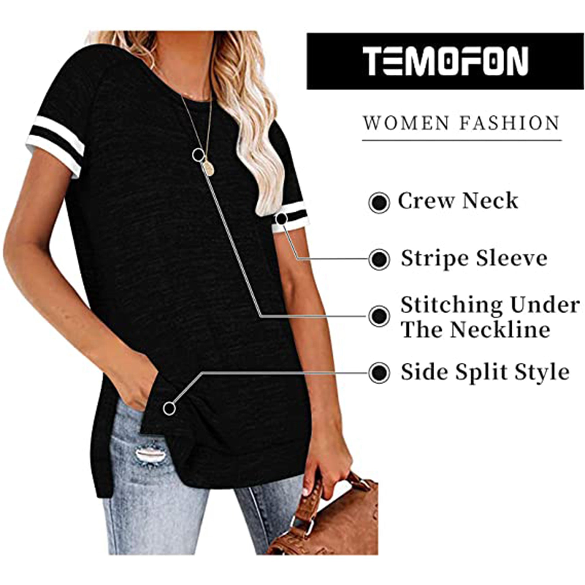 Women Tops Summer Short Sleeve Stripe Shirts Cute Casual Loose Blouse Side Split Tunic Top Black Tees