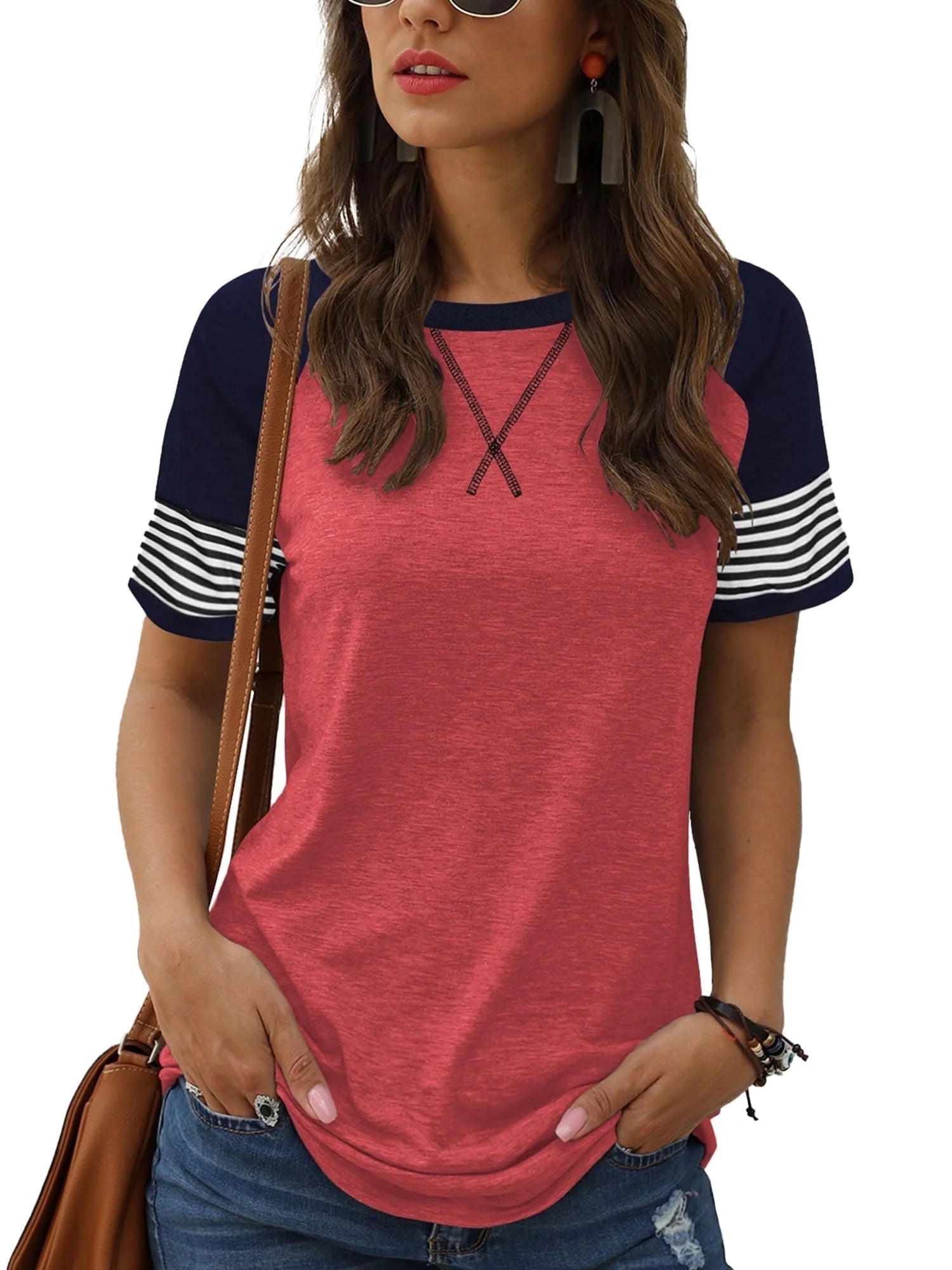 Summer Short Sleeve Tops for Women Color Block Casual Tunic Crew Neck Cute Striped T Shirts Pink Tees