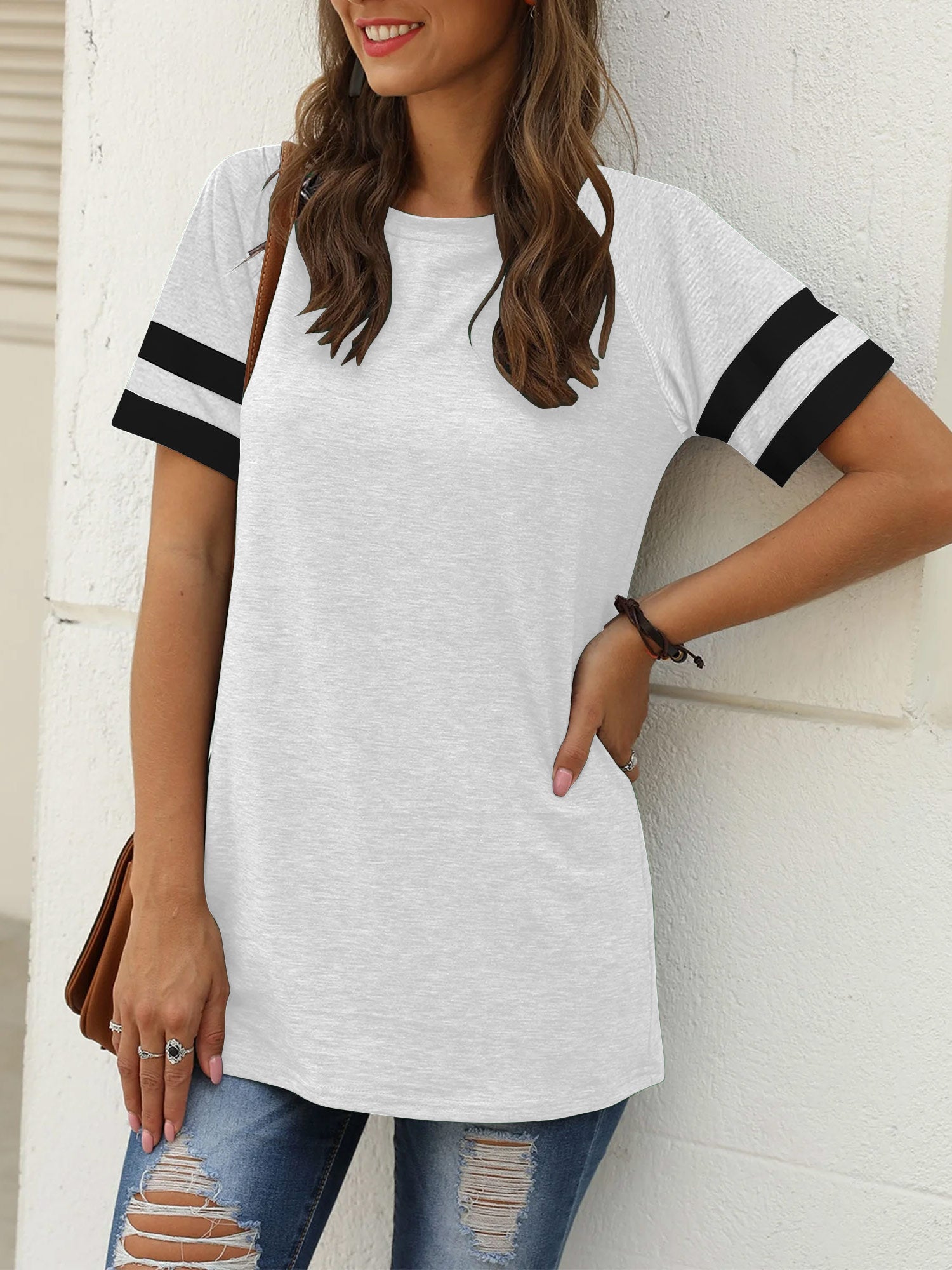 Color Block T Shirt for Womens Short Sleeve Top Casual Tunic Tops Crew Neck Striped Shirts White Tee 2025