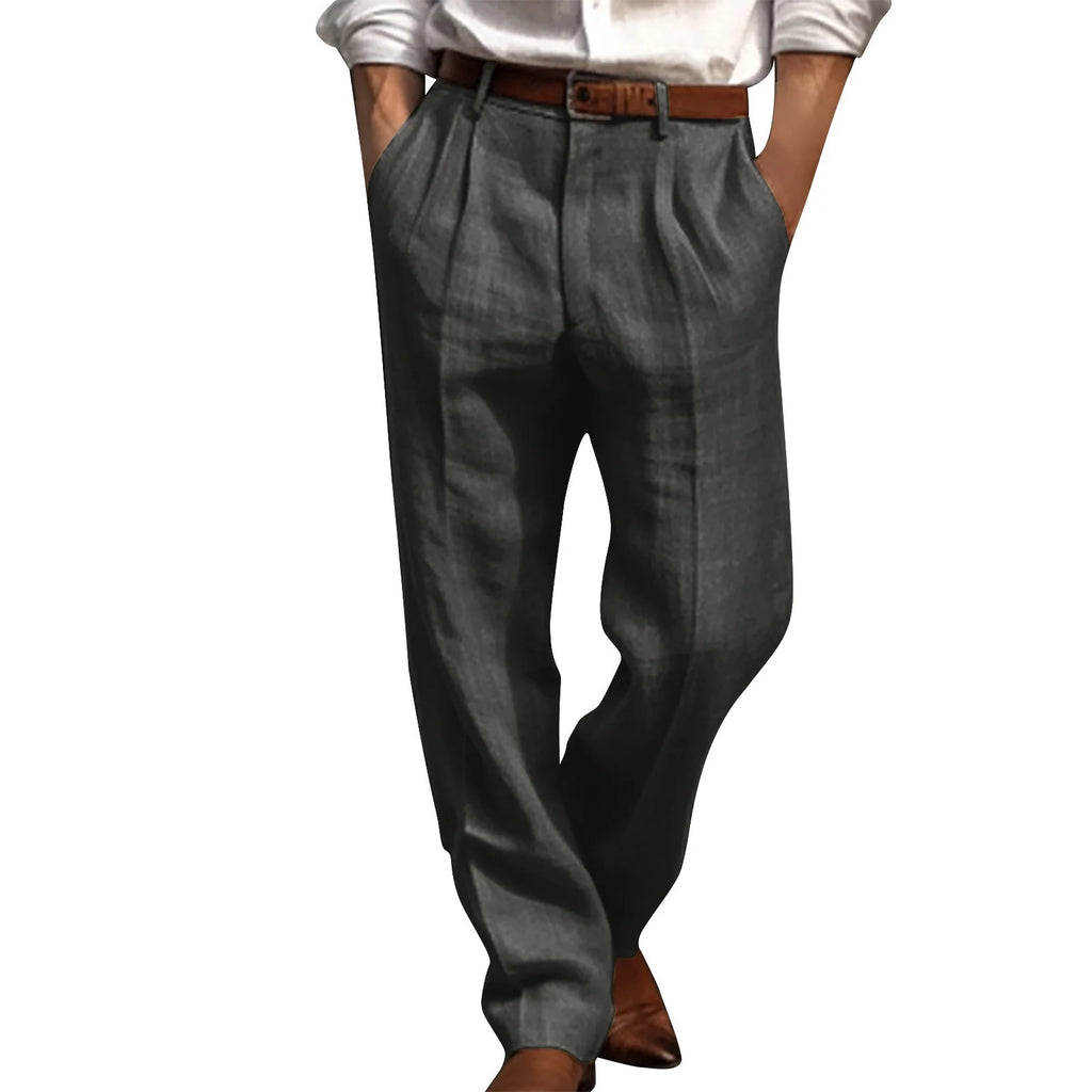 Pantalones De Algodón Y Lino Para Hombre Con Frente Plisado Pantalón De Pierna Recta Pantalones De Traje Color Sólido Pantalón De Oficina Pantalón De Lino Ligero