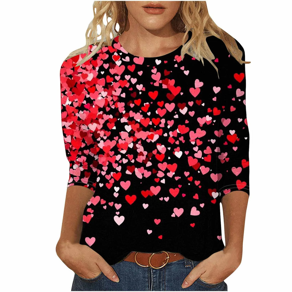 New Arrivals Fashion Tops Womens Valentine'S Day Shirts 3/4 Sleeves Blouse round Neck Heart Printed Casual Top,Size S-3XL