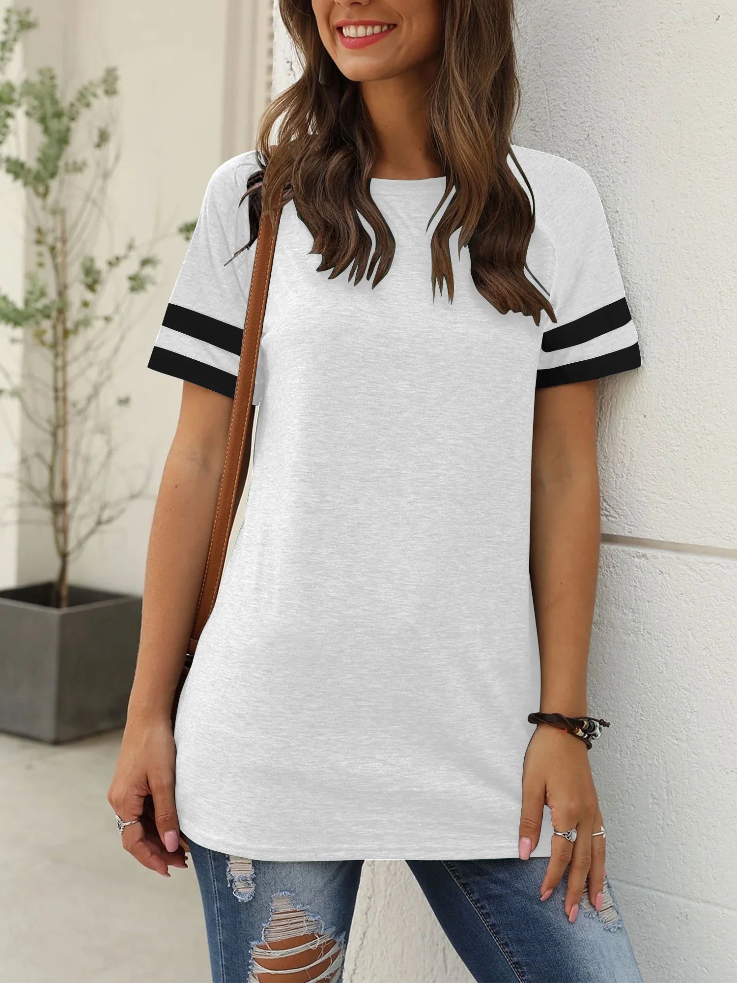 Color Block T Shirt for Womens Short Sleeve Top Casual Tunic Tops Crew Neck Striped Shirts White Tee 2025